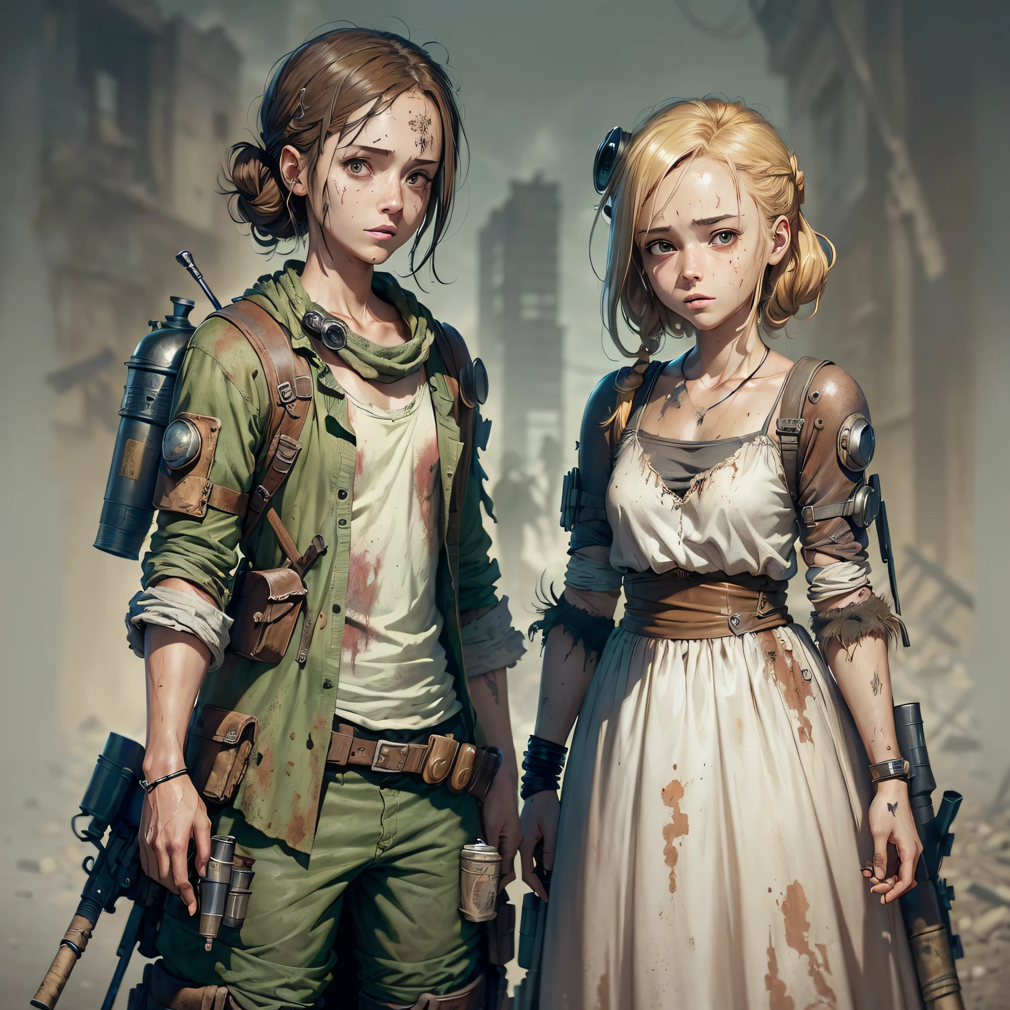 ((masterpiece))), (((best quality 2d anime)))), ((ultra-detailed 2d anime)), (highly detailed CG anime illustration), ((extremely delicate and beautiful face)) cinematic light, absurd clothes, 1 smiling young man, (((character sheet)), full-body concept art, ((full length)), 1little blonde girl, standing, stylish tied hair (single background, white background: 1.3),((((CHARACTERS FROM THE POST-APOCALYPTIC WORLD))))), ( PEORSONAGES THE WALKING DEAD)), ( CONCEPTS THE LAST OF US )))) --auto --s2
