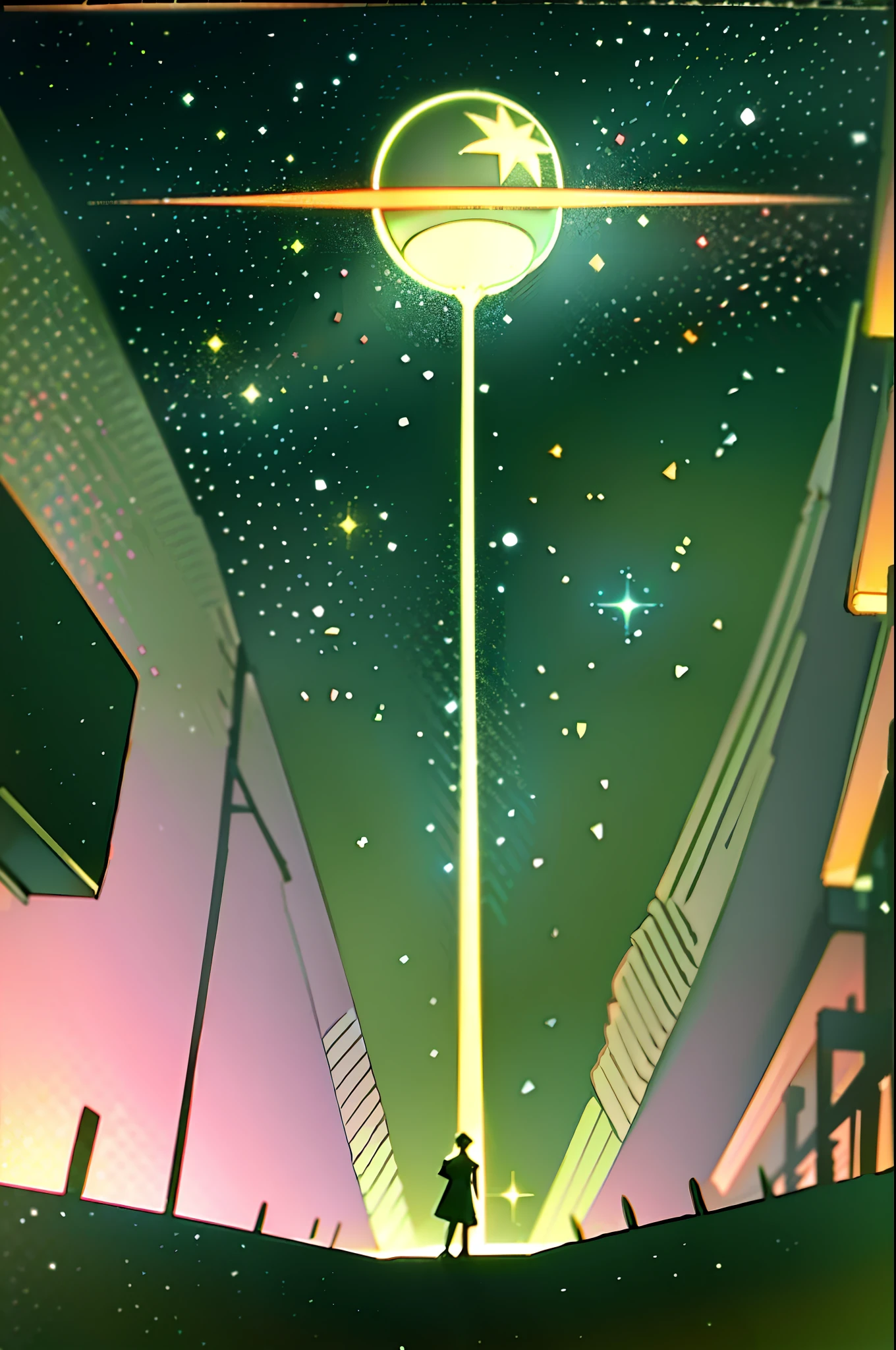 (masterpiece), (best quality), (best detail), (worn paper borders), (main color of illustration: pastel green), (secondary color: saturated salmon), vintage advertising poster of the Sputnik satellite with Soviet-style letters 60', futuristic western setting of a dirty and old alley, at night (sky with many stars), clean, busy environment, shaded (detailed, much contrast), very saturated pulp colors