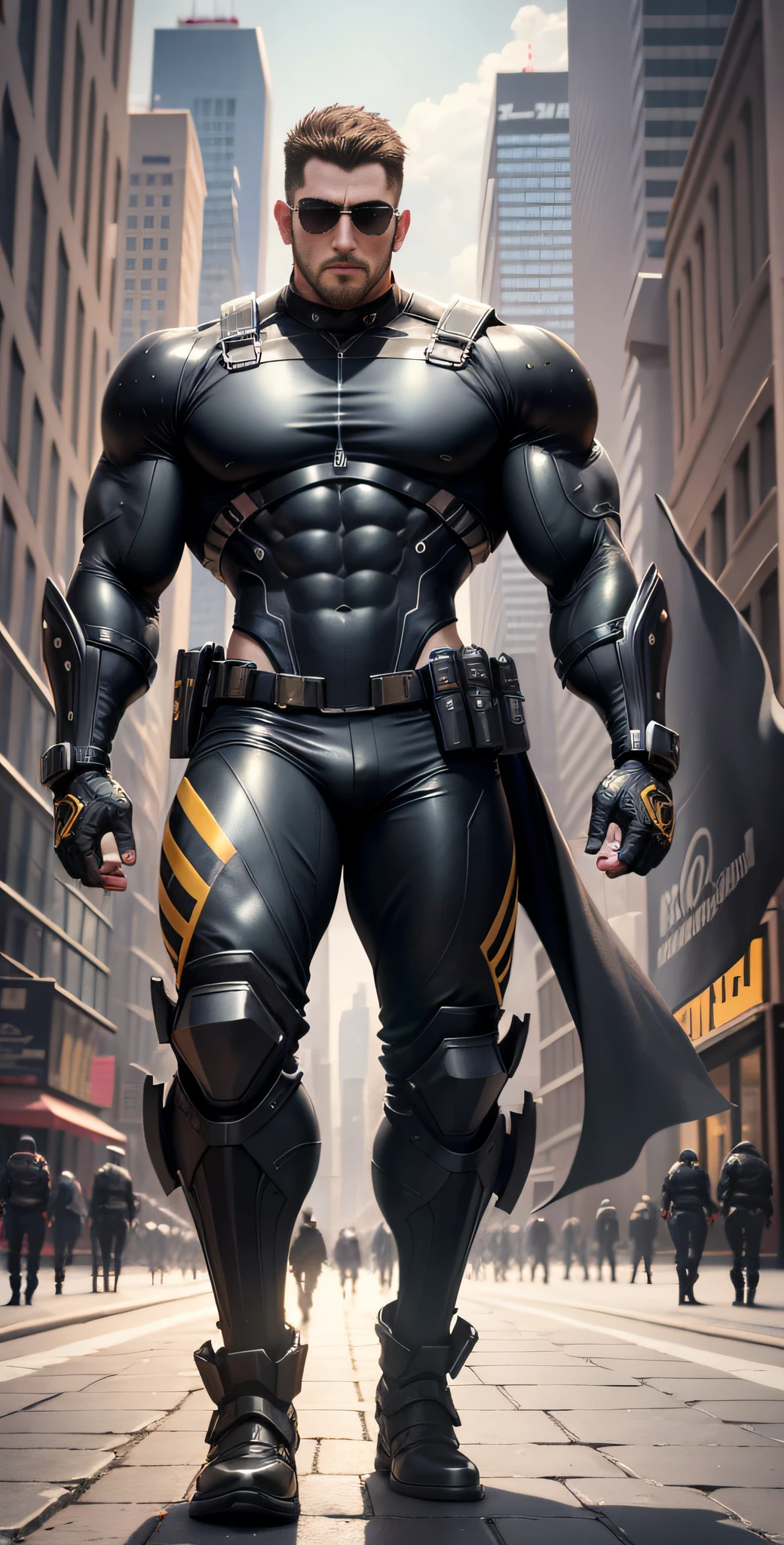 Arad man in black and yellow clothes standing on the city street, muscular male hero, conceptual art like Ernest Khalimov, heroic male pose, muscular! Wearing black sunglasses, round head Buzz Cut, cyberpunk, stealth suit, super buff and cool, high resolution committee, Chris Redfield, Jigachard muscle, Ernest Khalimov body, character design police, black military boots, charismatic strong male with armor