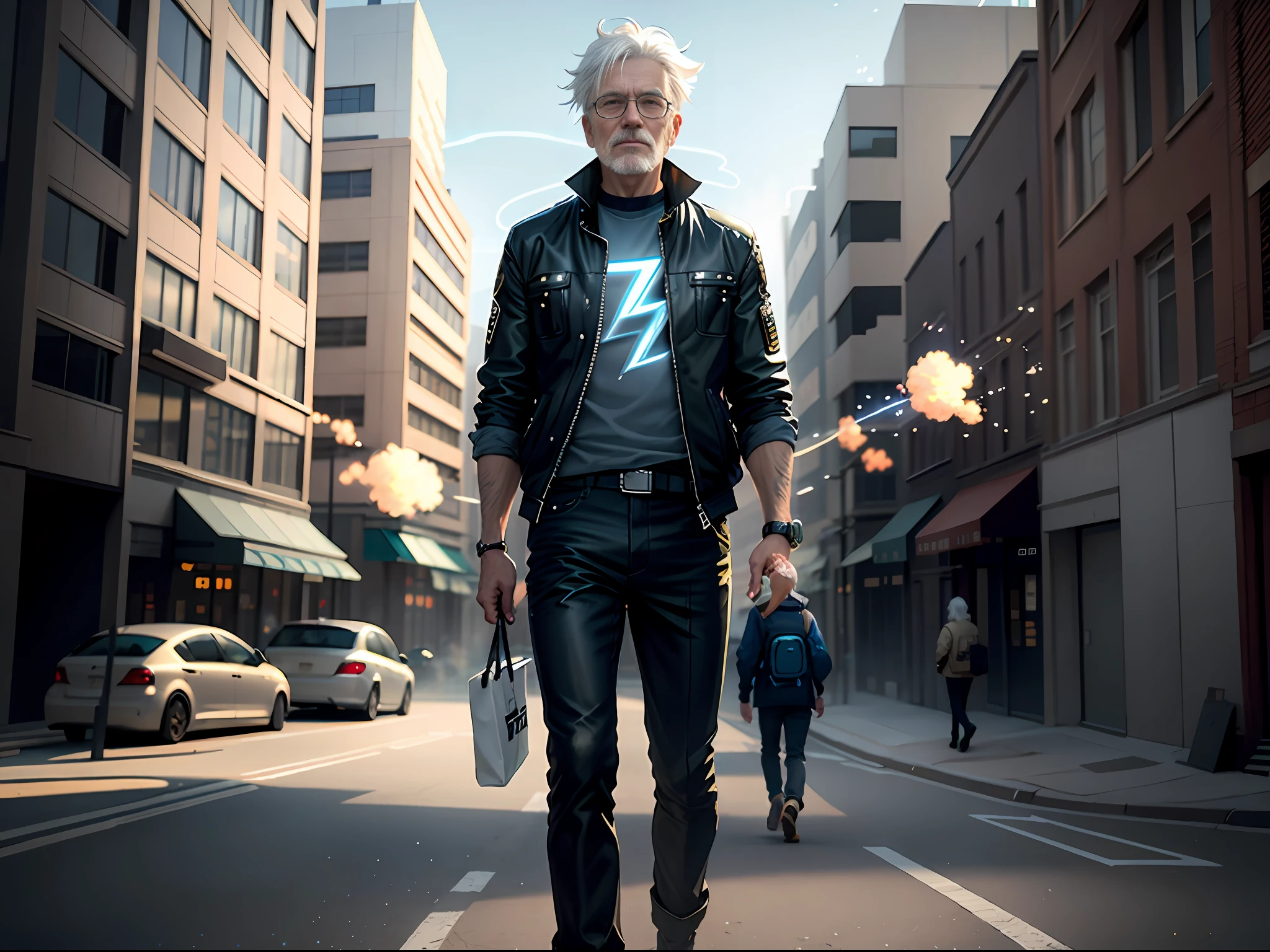 (City street in the background, white-haired old man wearing mechanical armor:1.2, and emitting blue and black lightning particle effects), 3D rendering, (cinematic light effects, cinematic special effects), bangs, black hair, black shirt, solo, 8K resolution, very detailed, clear digital painting, concept art, (pixiv fashion trend and artstation trend with Makoto Shinkai's style).