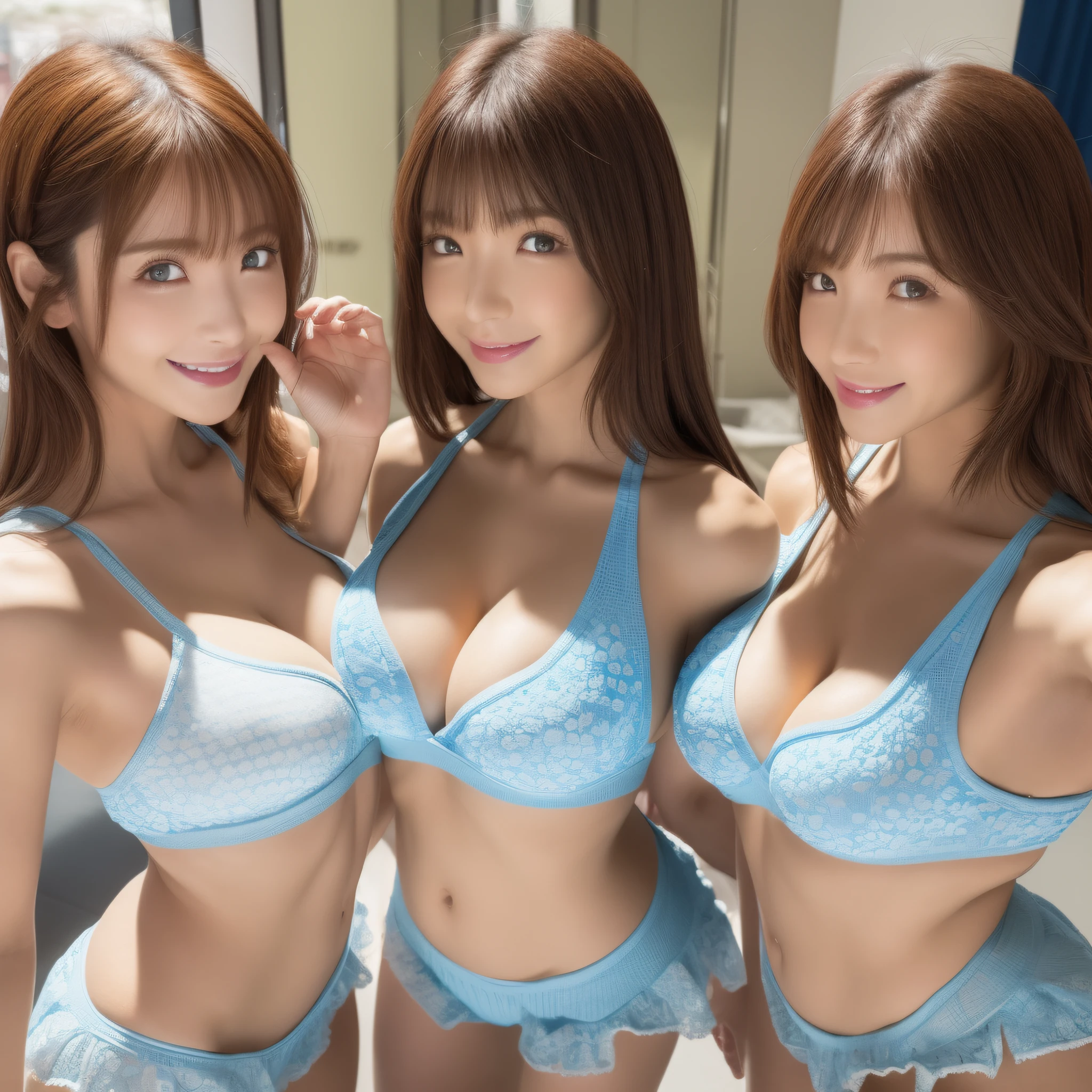 ((top quality, 8k, masterpiece: 1.3)), close-up of a group of girls in blue and white costumes, CGSTATION, big, Sakimi-chan, Cute Core, Japan girl idol, young gravure idol, trending at CGSTATION, e-girl, e-girl, sexy-s 100, The Idolmaster, young pretty gravure idol, sharp focus: 1.2, Beautiful women in perfect style: 1.4, slender abs: 1.2, ((dark brown hair, big: 1.2)), (natural light, city street: 1.1), highly detailed face and skin texture, detailed eyes, double eyelids, tank top, shorts, full body, (cleavage (big)), shoulders, absolute area (1.3)