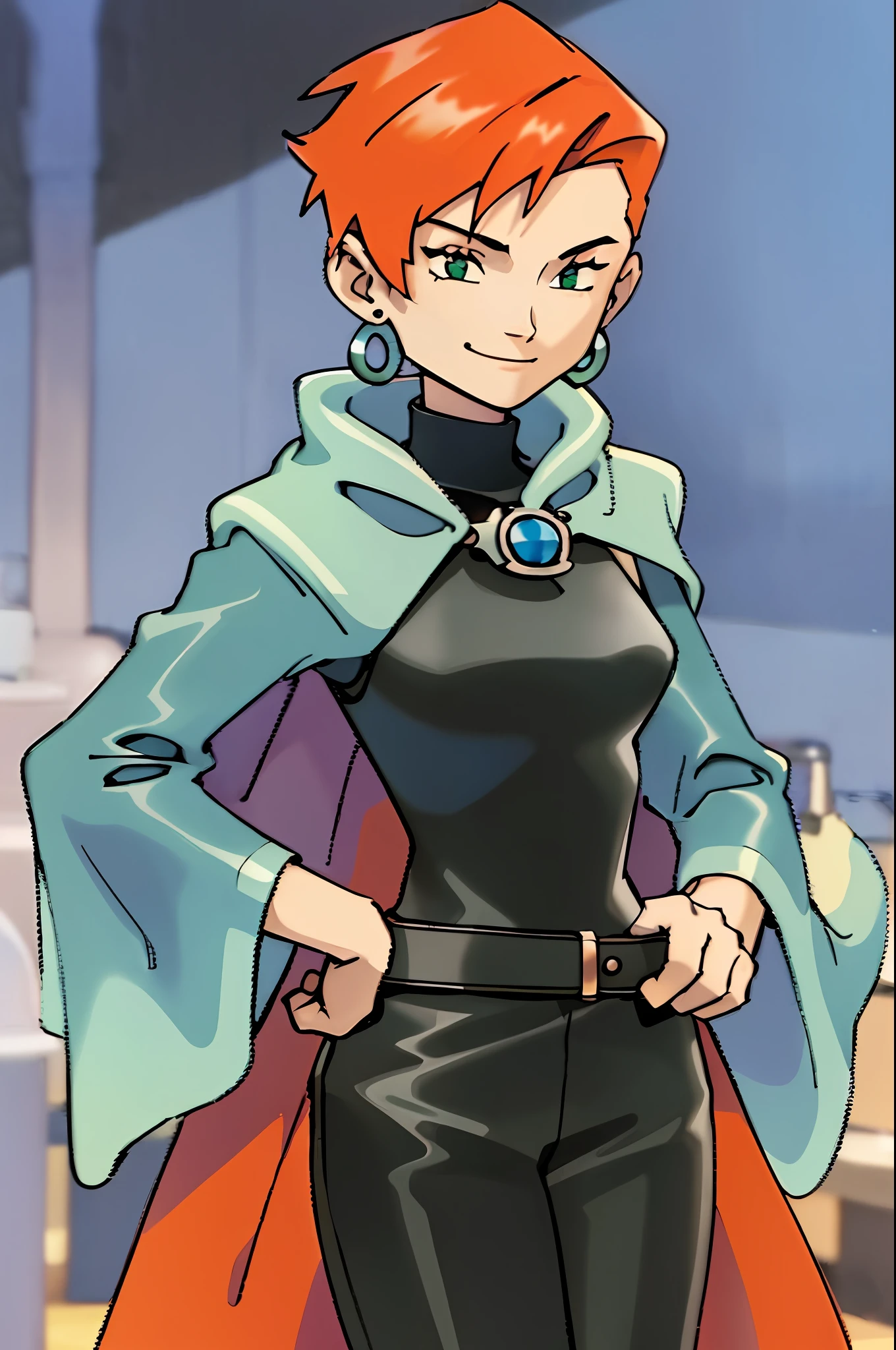 Gwendolyn_tennyson, small smile, short orange hair,pixie haircut, green eyes, silver hoop earrings, light blue cloak, skintight black and blue top, belt with cat icon buckle, black skintight pants, hands on hips, hourglass figure