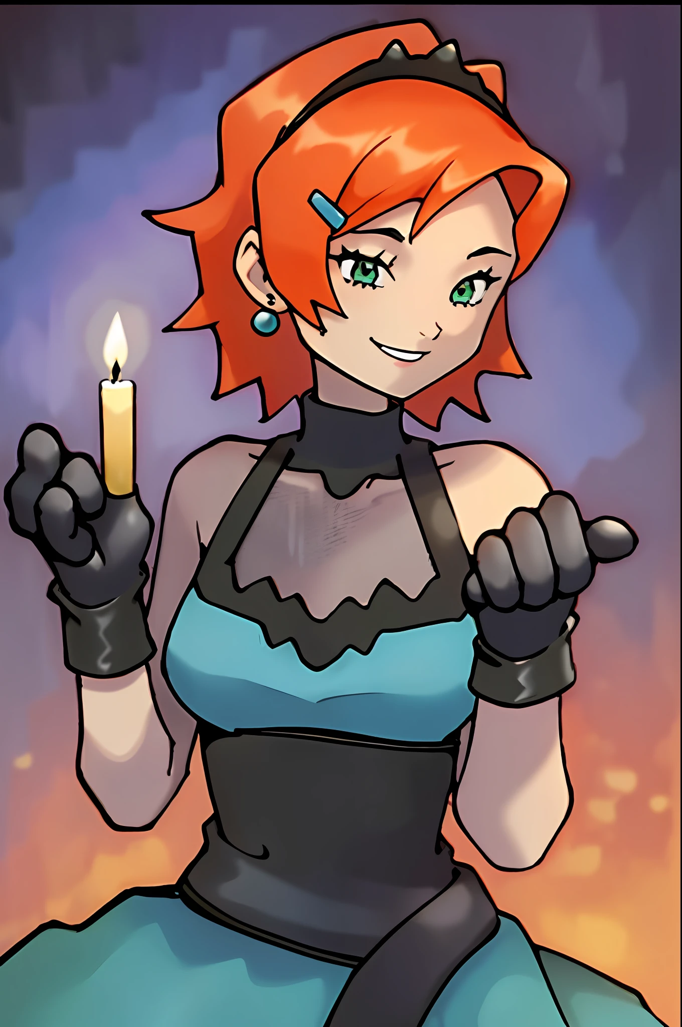 Gwendolyn_tennyson, wearing a poofy black dress and tiara, black arm length gloves, dark ballroom, candle lights, smiling, short orange hair, blue hairclip, blue ear piercing,