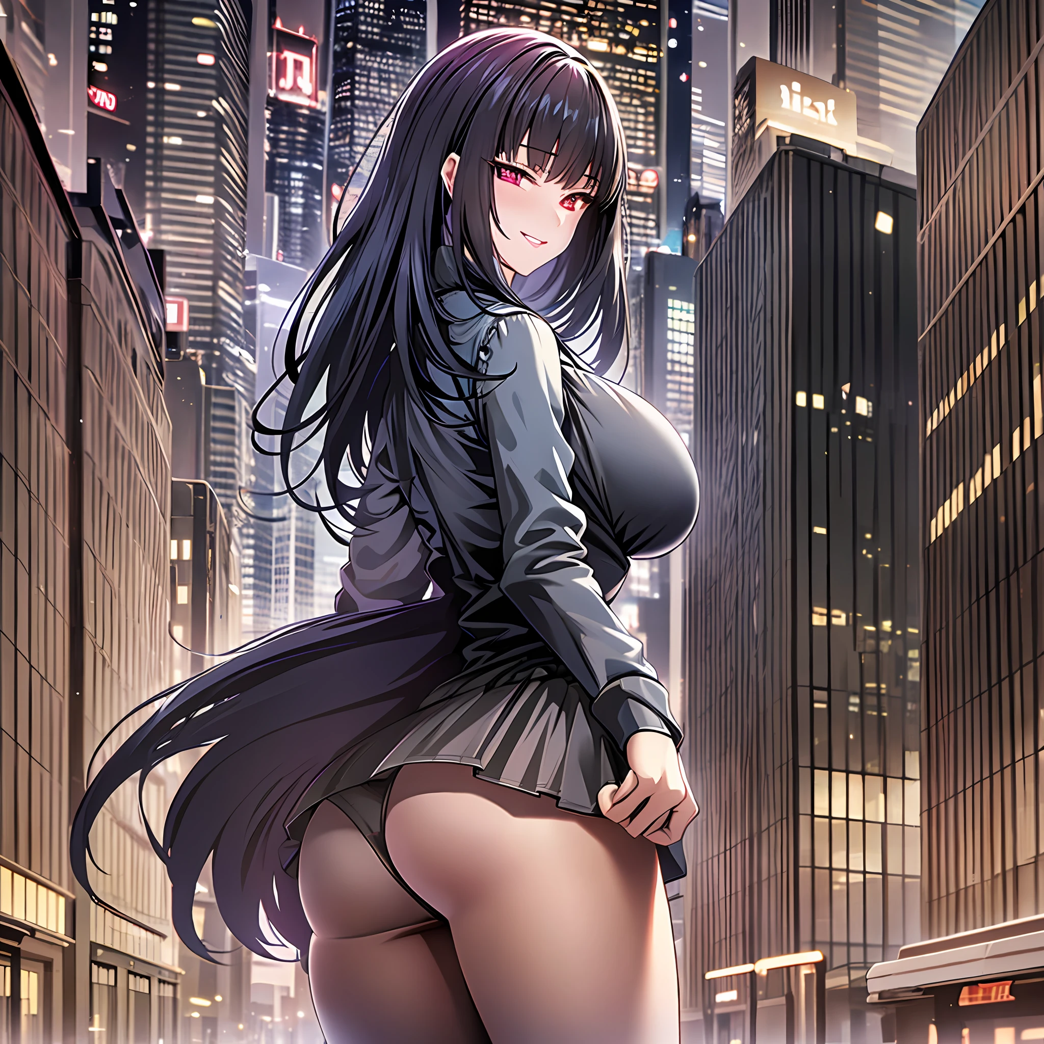 masterpiece, ultra high quality cg, anime, best quality, perfect image, solo, short dress, night, city, smiling, rio, large breasts, underwear, white panties, looking back, ass