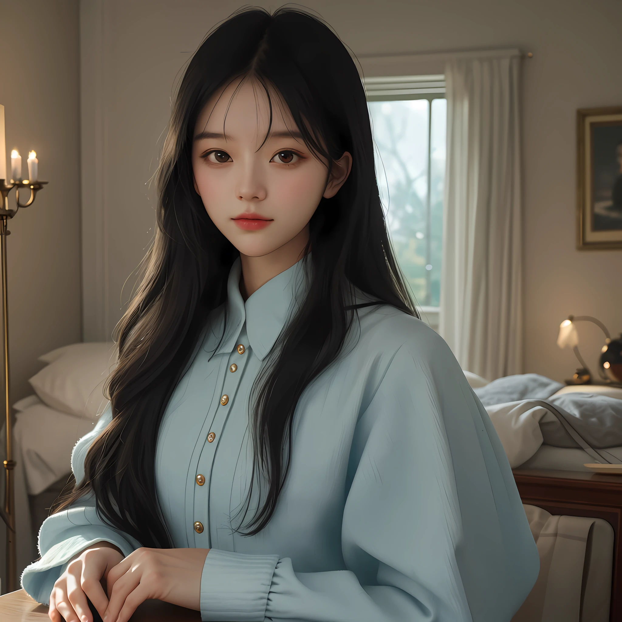 (best quality, masterpiece), 1girl, lady, author particle, cozy room background, upper body, focus on face, black hair, long hair