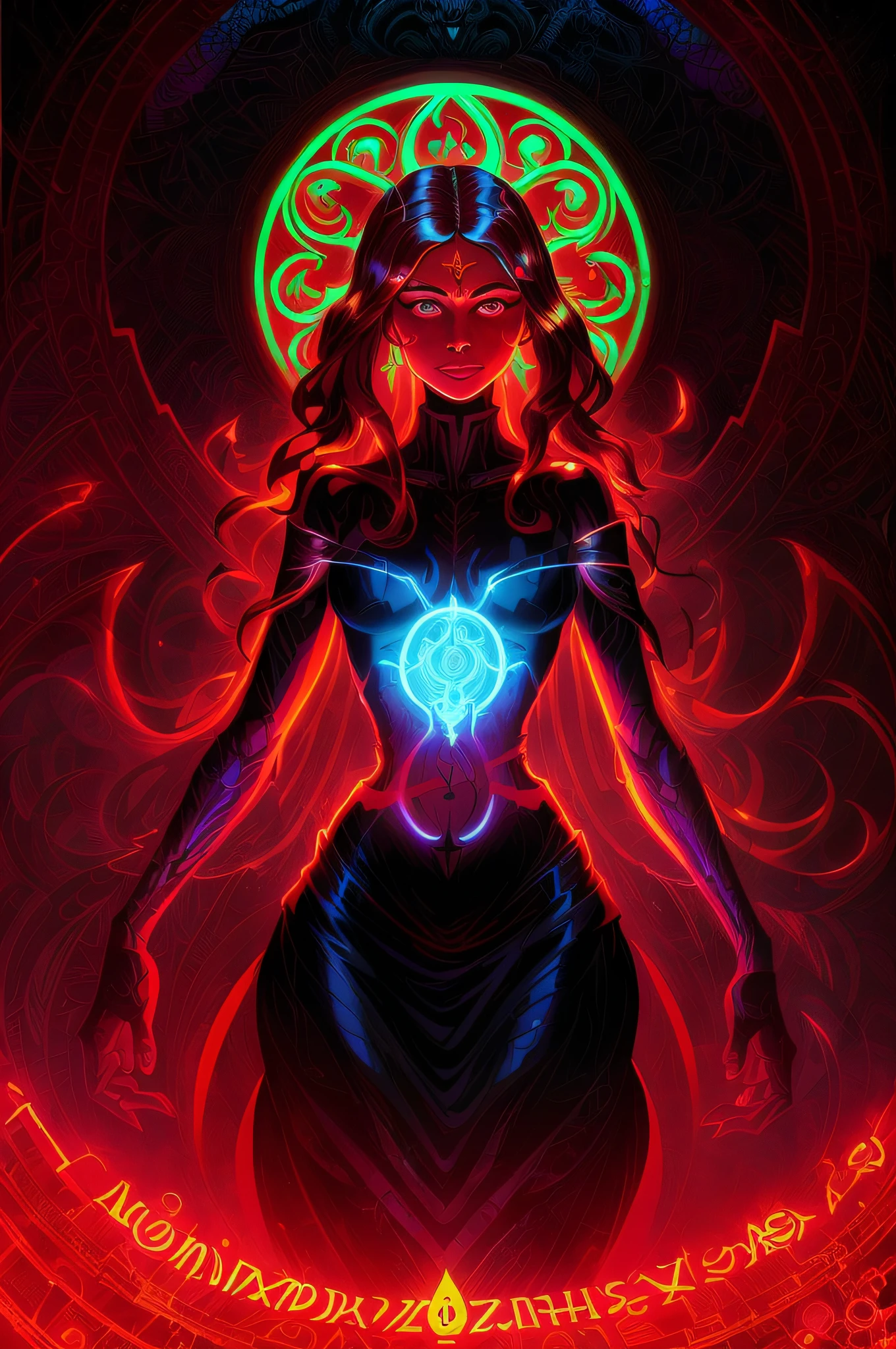 a close up of a woman with a red light on her face, jen bartel, dark goddess with six arms, eldritch goddess, goddess of the underworld, painted in the style arcane, dan mumford and alex grey style, holy cyborg necromancer girl, dan mumford tom bagshaw, lady of the entropy, loish |