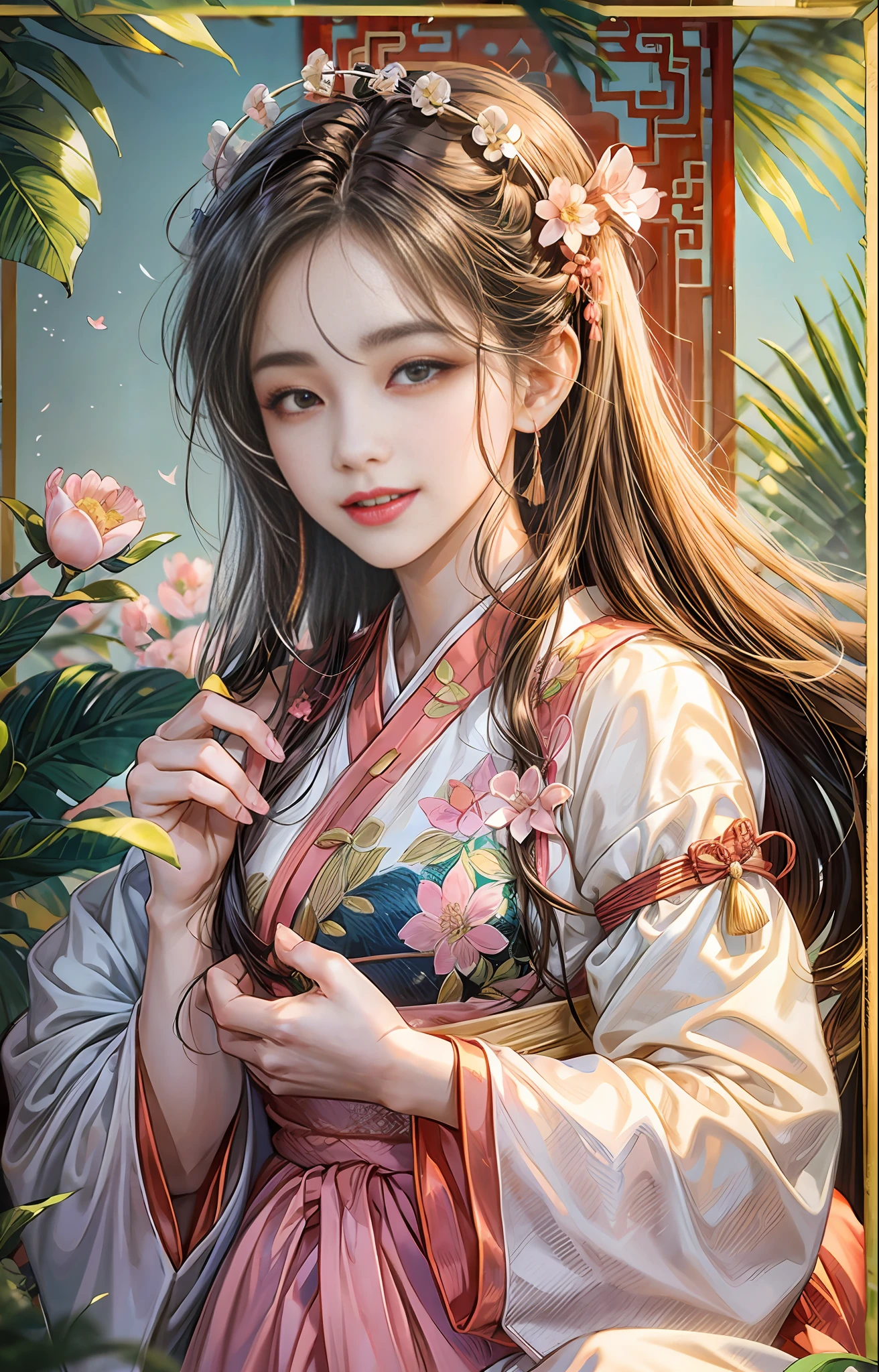 Best quality, 4K picture quality, 1girl, Hanfu, peach blossom, Chinese retro building complex. Long hair fluttering in the wind, healing smile, close-up, blurred background
