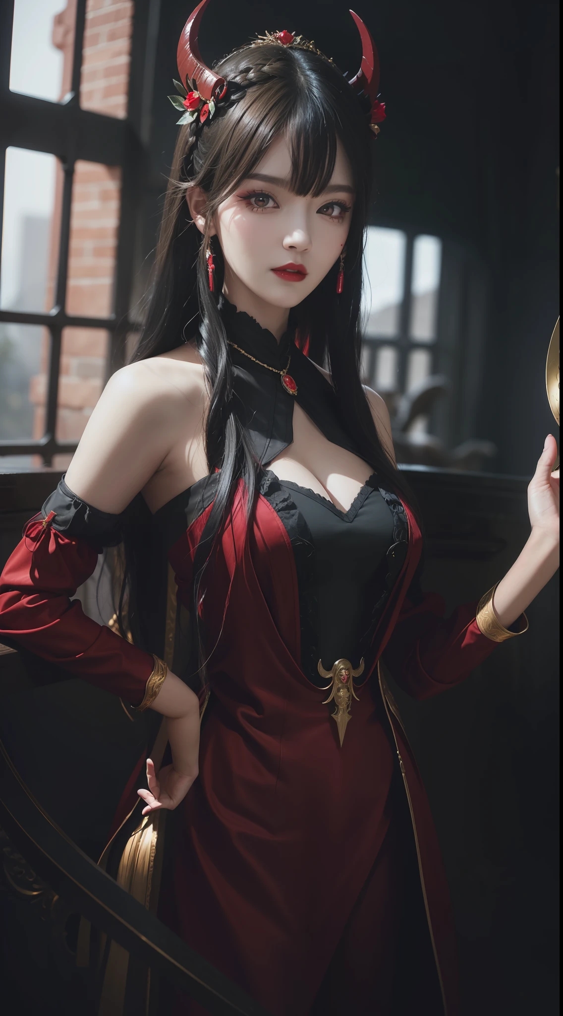 1 beautiful devil woman from hell, In the Dark: 1.6), surreal female portrait by David Hockney and Alphonse Mucha, fantasy art, korea doll, photorealism, dynamic lighting, artstation, poster, volumetric lighting, very detailed faces, 8k ultra, all body, Awarded, in the dark, deep shadow, low key, cowboy lens, (Red phoenix dress: 1.4), long hair, black hair, bust, luxurious palace, Royal style, devil crown, red eyes make up very sharp and detailed, The most beautiful face, big and regular breasts, Super realistic, chinese women's clothing, polo neck sweater, Charming smile, The eyes are very well made up, guweiz, devil style, loong, forehead mark, upper body, 2 bangs braided hair, Red lips, Devil tattoo on shoulder, wearing a thin red and black robe, the landscape is overcast and thunderous, Portrait,