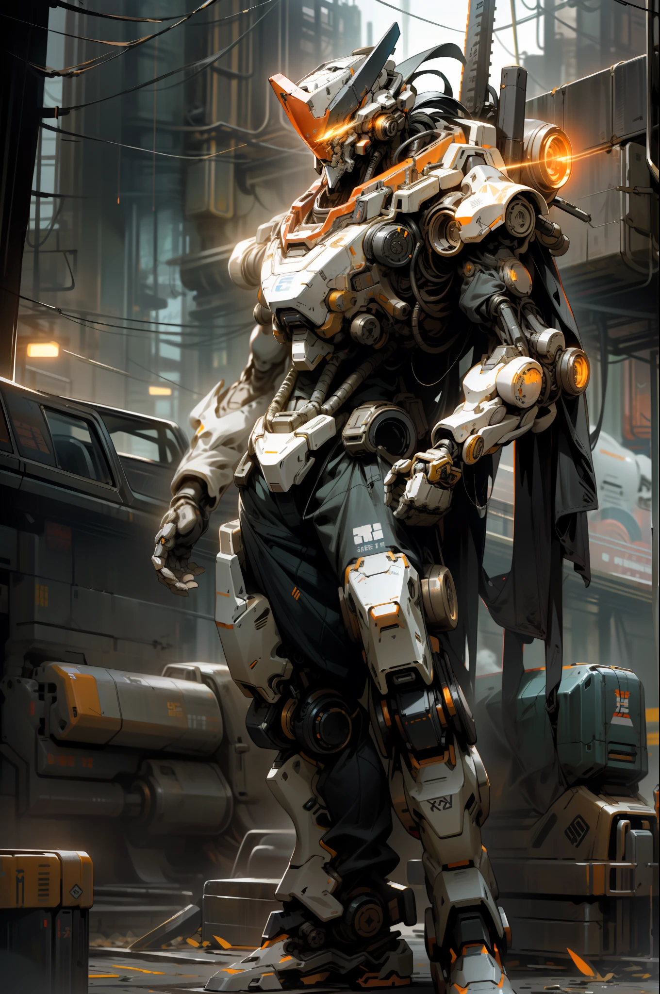 On the Moon, Barren Planet, Ruins, Holding Weapons, No Humans, Glowing, Robots, Starry Sky, Glowing Eyes, Orange Mech, Science Fiction, City, Reality, Mecha, Galactic Background, Full Body, Neon Lights, Cyberpunk, 8K Wallpapers, Hyper-Detail Works, Cinematic Lighting, Realistic Photos, Dark_Fantasy, Cyberpunk, (chain saw, chain saw man, Red:1.1), 1man, Mechanical marvel, Robotic presence, Cybernetic guardian, in shabby mecha suit, intricate, (steel metal [rusty]), elegant, clear focus, photographed by greg rutkowski, soft lighting, bright colors, masterpiece, ((street)), cowboy shooting, dynamic pose,