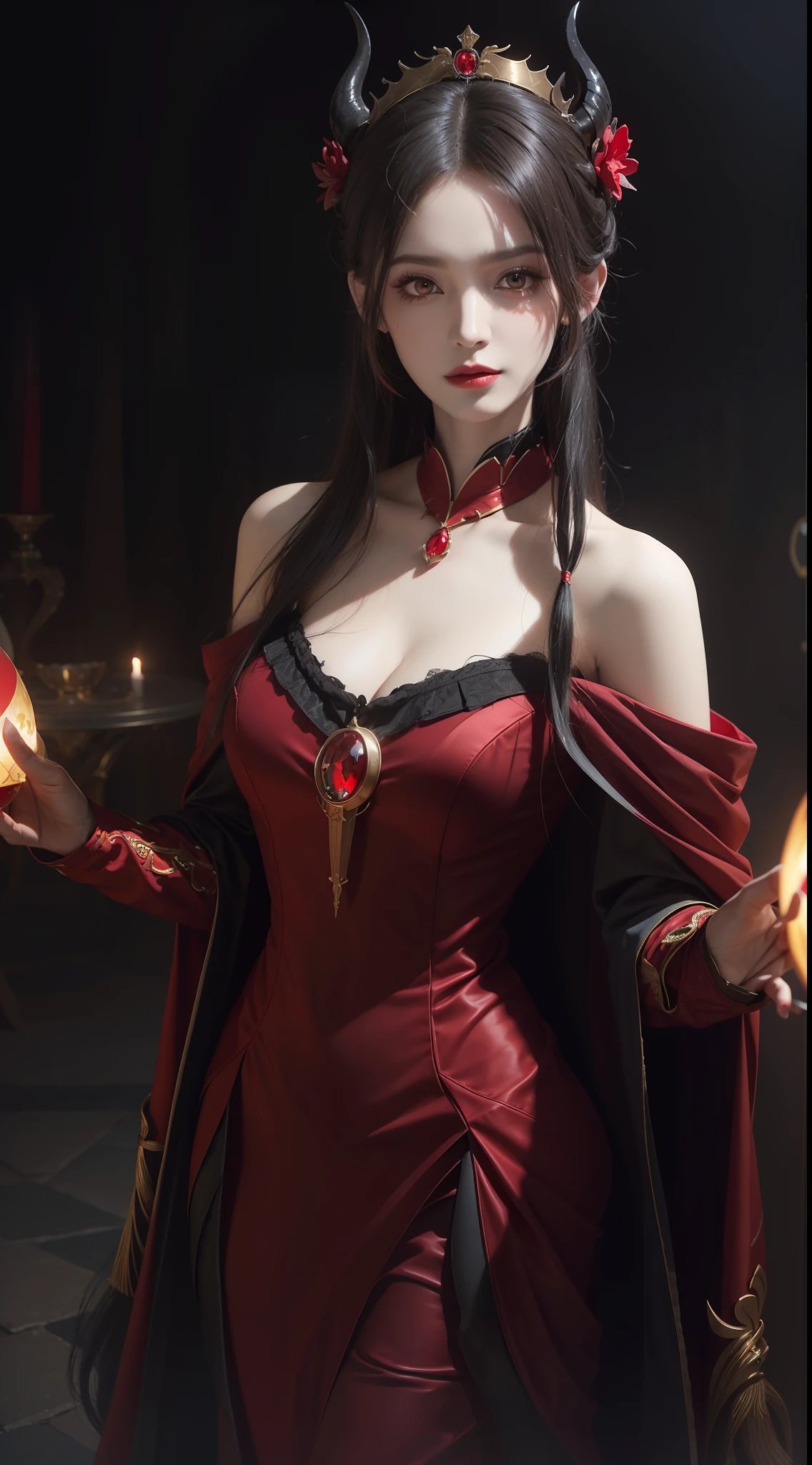 1 beautiful devil woman from hell, In the Dark: 1.6), surreal female portrait by David Hockney and Alphonse Mucha, fantasy art, korea doll, photorealism, dynamic lighting, artstation, poster, volumetric lighting, very detailed faces, 8k ultra, all body, Awarded, in the dark, deep shadow, low key, cowboy lens, (Red phoenix dress: 1.4), long hair, black hair, bust, luxurious palace, Royal style, devil crown, red eyes make up very sharp and detailed, The most beautiful face, big and regular breasts, Super realistic, chinese women's clothing, polo neck sweater, Charming smile, The eyes are very well made up, guweiz, devil style, loong, forehead mark, upper body, 2 bangs braided hair, Red lips, Devil tattoo on shoulder, wearing a thin red and black robe, the landscape is overcast and thunderous, Portrait,