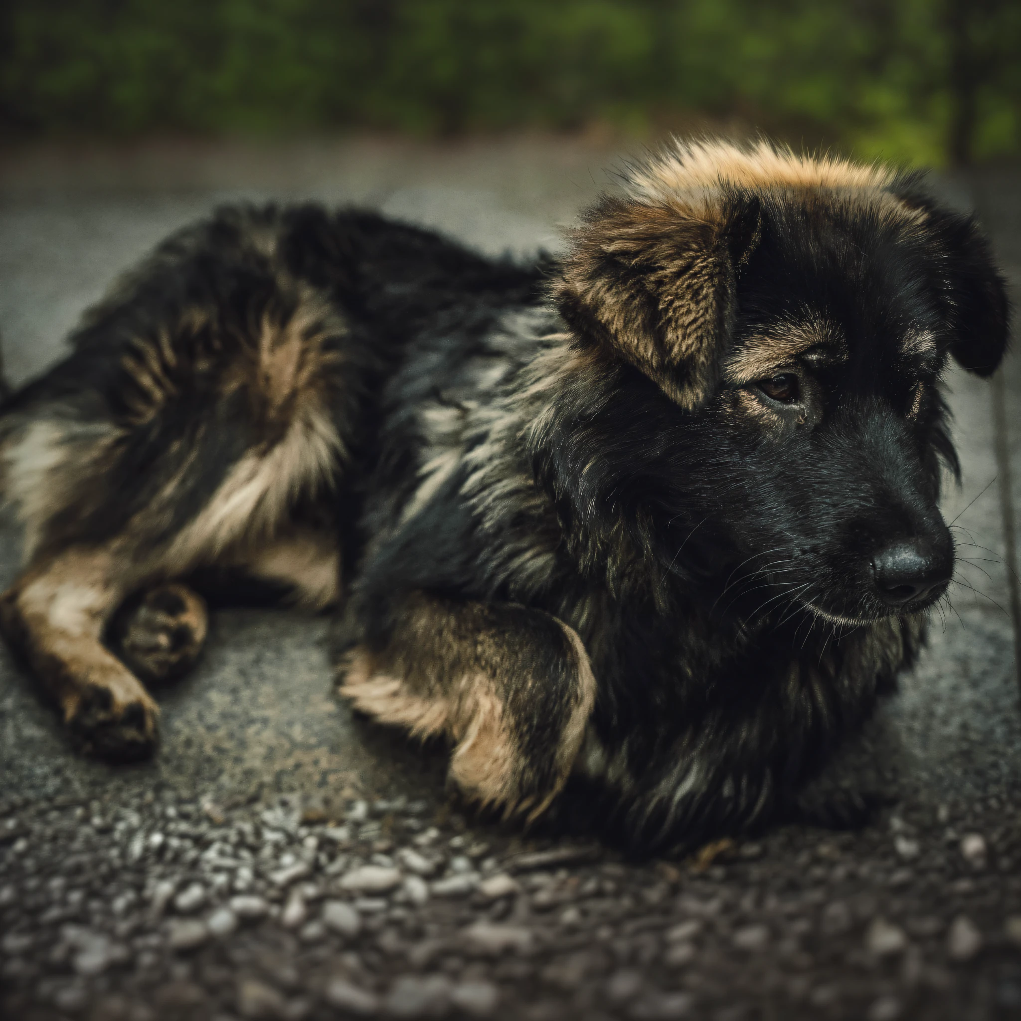 There is a dog lying on the ground, German Shepherd, beautiful photos of wanderers, portrait shoots, rest on a hard day, cute furry that needs your help, sloppy look, fur, rich texture, cute dog, dirty fur, Adam Maczynski, Stefan Girovsky