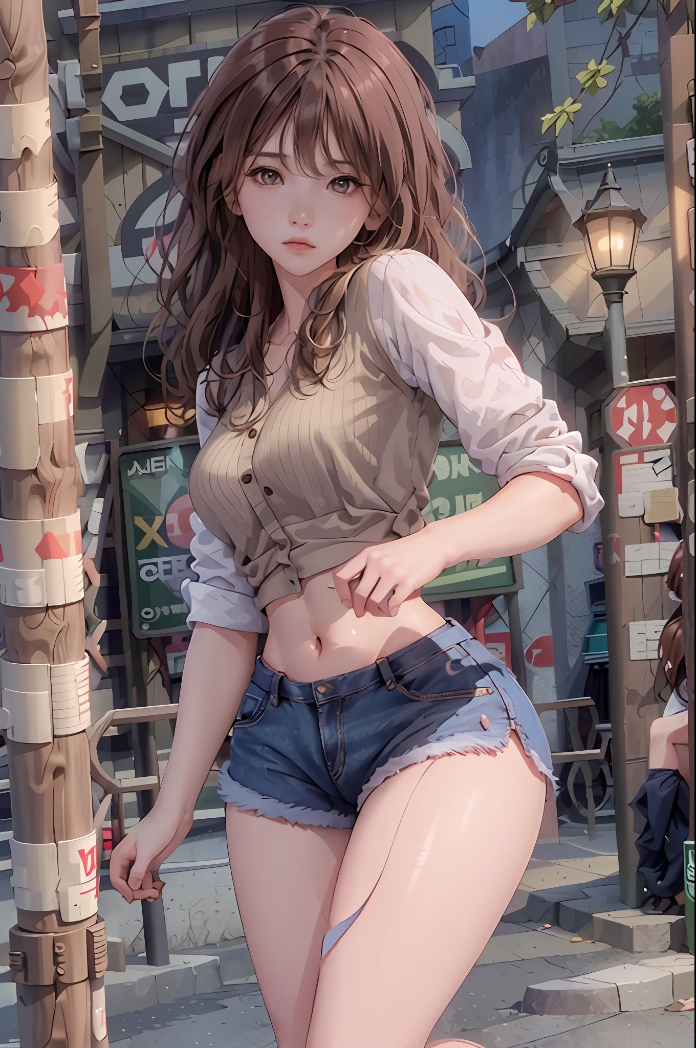 ((medium breast, tomboy girls, small head)), daylight, sunlight, (chiseled abs : 1.1), (perfect body : 1.1), (short wavy hair : 1.2) , auburn hair, collar, chain, full body shot, crowded street, wearing black tanktop, jeans jacket, ((shorts)), (extremely detailed CG 8k wallpaper), (an extremely delicate and beautiful), (masterpiece), (best quality:1.0), (ultra highres:1.0),  beautiful lighting ,perfect lightning, realistic shadows, [highres], detailed skin, ultra-detailed