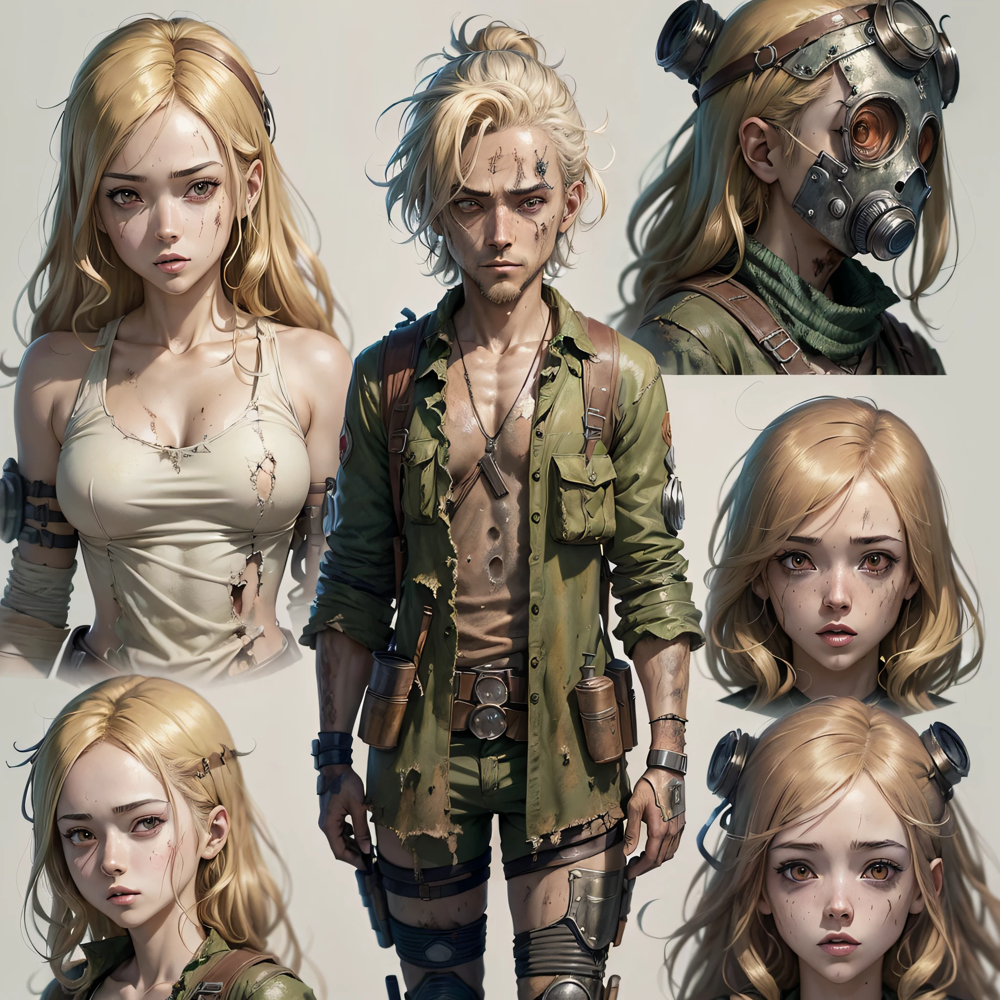 ((anime masterpiece))), (((best quality 2d anime))), ((ultra-detailed 2d anime)), (highly detailed CG anime illustration), ((extremely delicate and beautiful face)) cinematic light, absurd clothes, 1 smiling young man, (((character sheet)), full-body concept art, ((full length)), 1little blonde girl, standing, stylish tied hair (single background, white background: 1.3),((((CHARACTERS FROM THE POST-APOCALYPTIC WORLD))))), ( PEORSONAGES THE WALKING DEAD)), ( ATACK ON TITAN CONCEPTS )))) --auto --s2