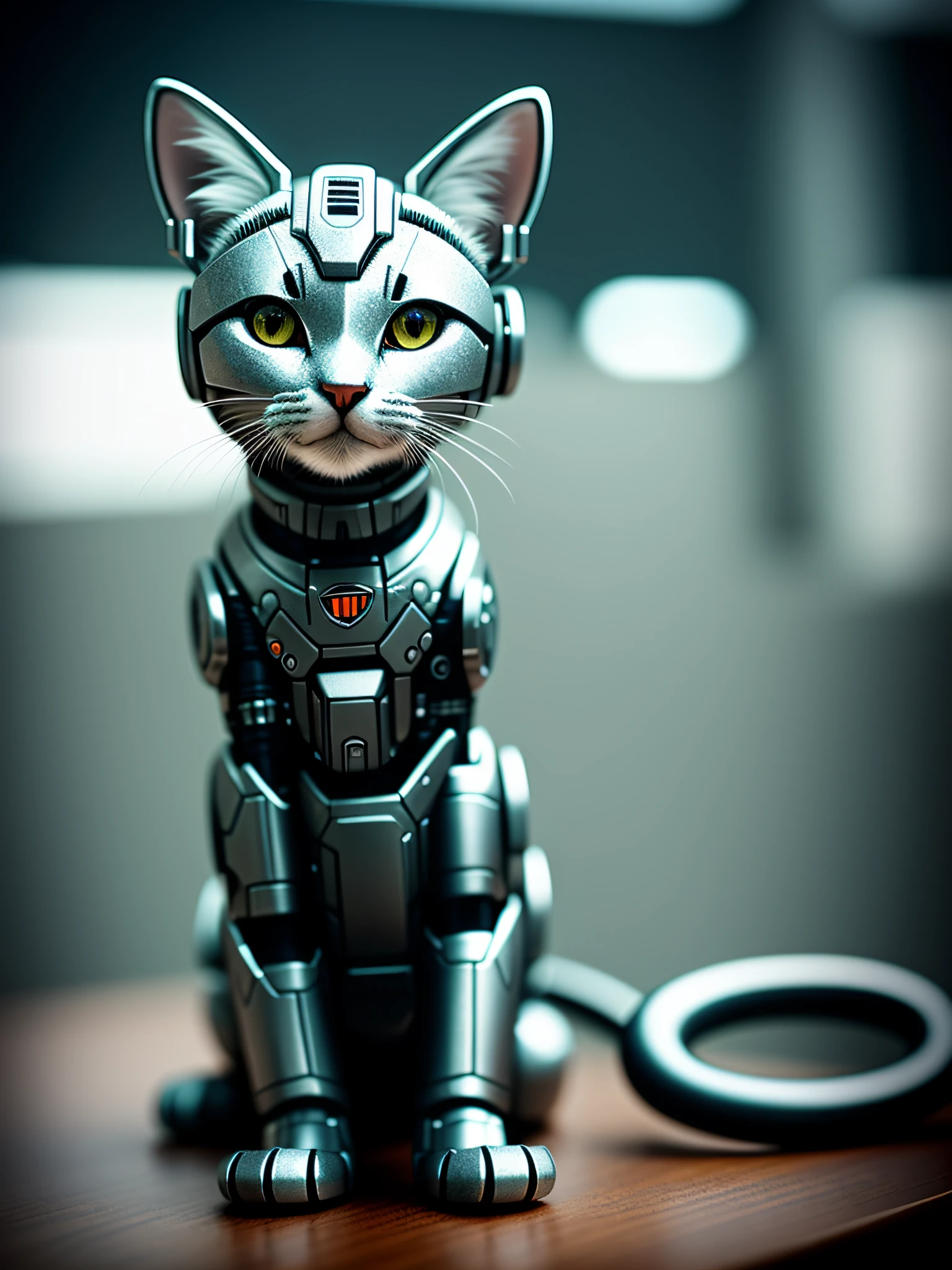 cute kitten made of metal, (cyborg: 1.1), ([tail | detailed wire]: 1.3), (complex detail), HDR, (complex detail, super detail: 1.2), cinematic shot, vignette, center