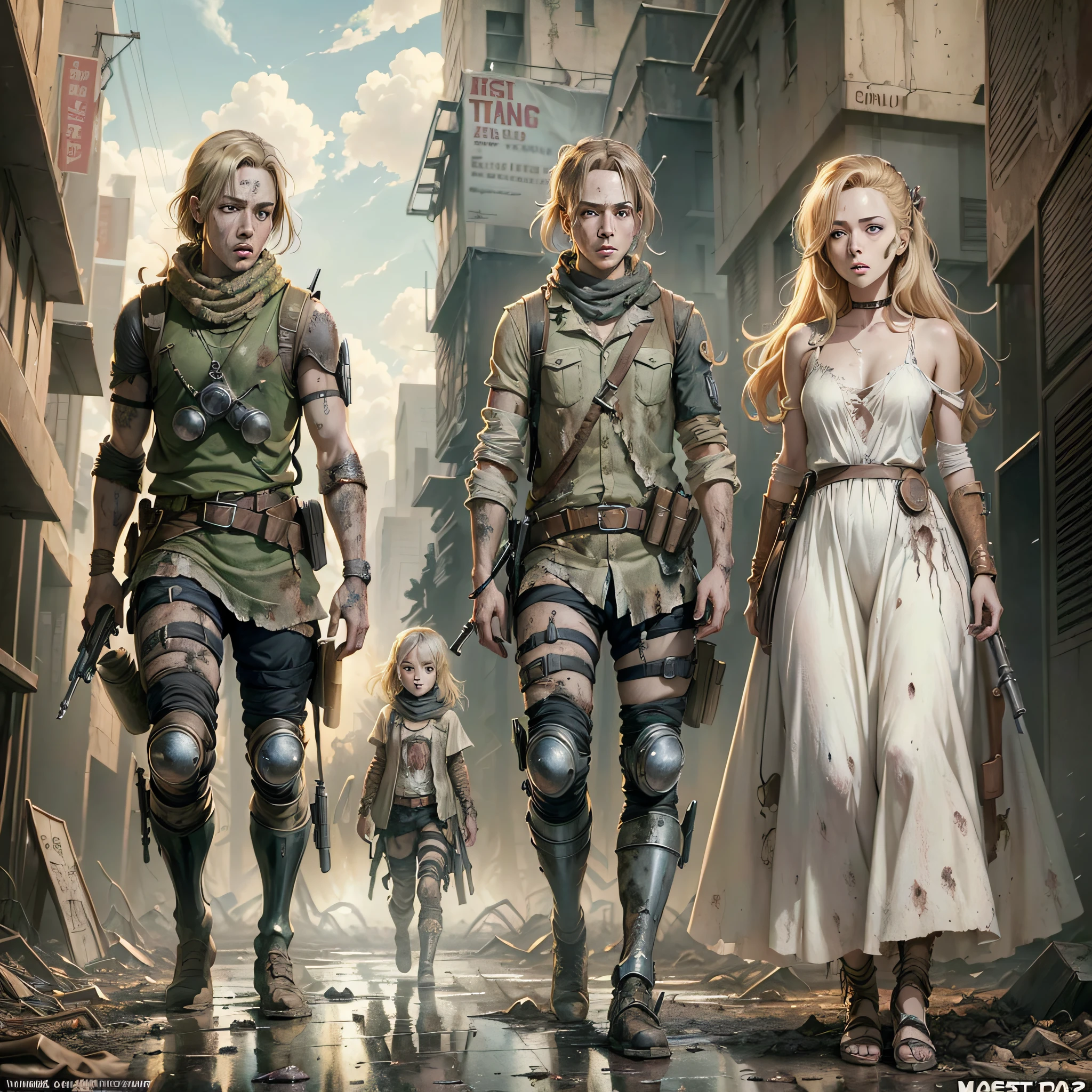 ((anime masterpiece))), (((best quality 2d anime))), ((ultra-detailed 2d anime)), (highly detailed CG anime illustration), ((extremely delicate and beautiful face)) cinematic light, absurd clothes, 1 smiling young man, (((character sheet)), full-body concept art, ((full length)), 1little blonde girl, standing, stylish tied hair (single background, white background: 1.3),((((CHARACTERS FROM THE POST-APOCALYPTIC WORLD))))), ( PEORSONAGES THE WALKING DEAD)), ( ATACK ON TITAN CONCEPTS )))) --auto --s2