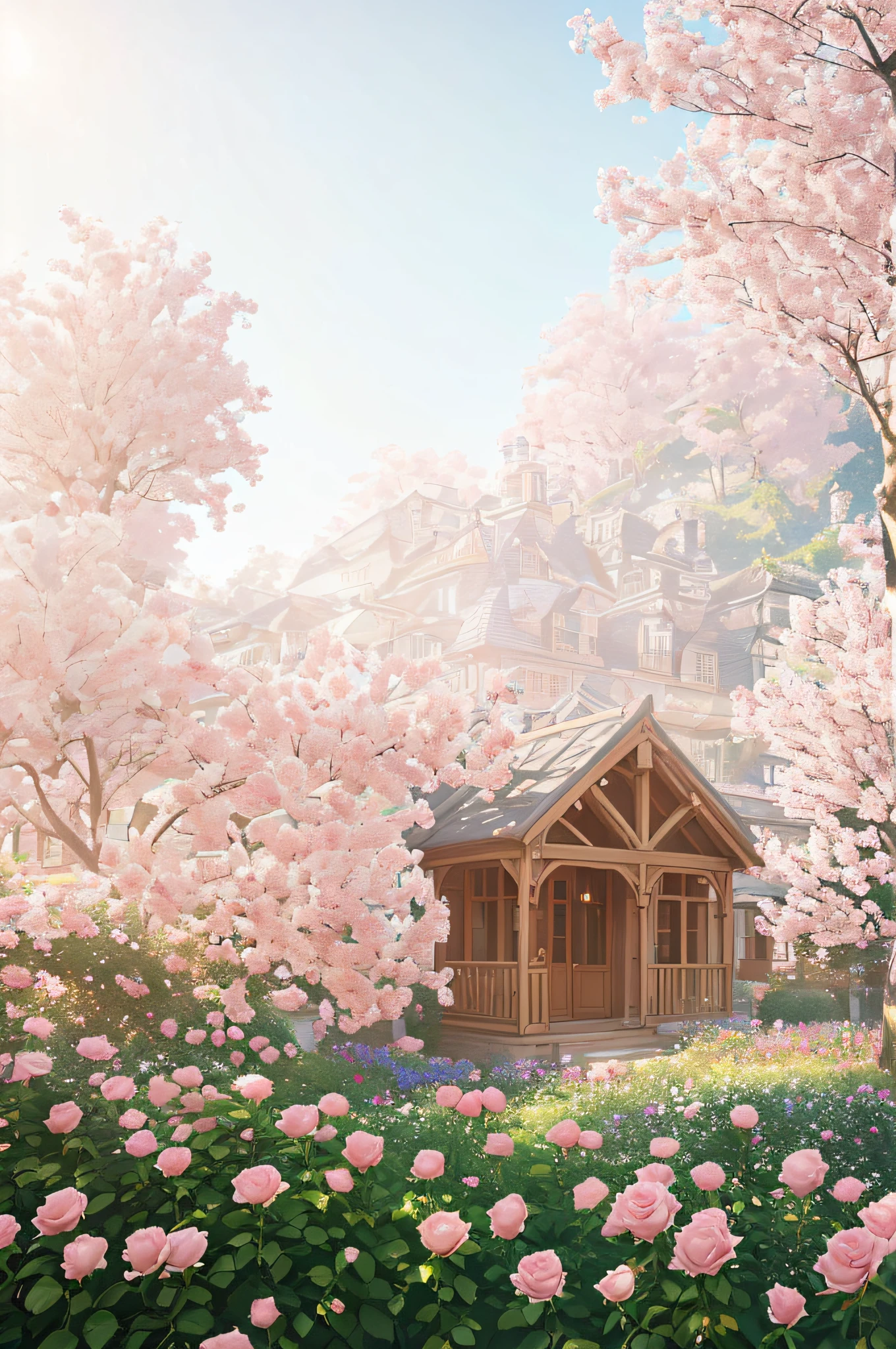 Professional photography, realistic, a clump of pink roses outside the house, beautiful and aesthetic, soft pink, beautiful beauty, roses in movie lights, lush flowers outdoors, nature and floral aesthetics, rose garden, roses, portal made of roses, beautiful images, roses, fantastic aesthetics, in a cottage core garden, pink golden hour, (masterpiece: 1.6, best quality), (fine detailed beautiful eyes: 1.2), (extremely detailed CG unity 8k wallpaper, masterpiece, super detailed, best shadows), (detailed background), high contrast, (best lighting, extremely refined and beautiful), ((color paint splash on transparent background, Dulux,)), ((caustic)), dynamic angles, beautiful details glowing, amazing, high detail, very detailed, beautiful, building shots, surrealism, Unreal Engine 5