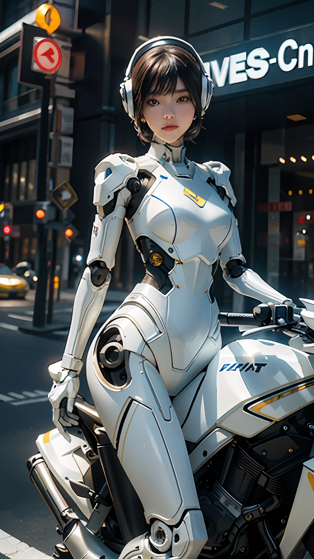 Highest quality, outstanding detail, super high resolution, (fidelity: 1.4), best illustration, favor details, complex 3d rendering very detailed beautiful ceramic silhouette female robot face, robot, robot parts, highly condensed 1girl, with a delicate and beautiful face, dressed in white mecha, wearing a mecha helmet, holding a direction controller, riding on a yellow motorcycle, the background is a high-tech lighting city highway scene of the future city, movie lighting,