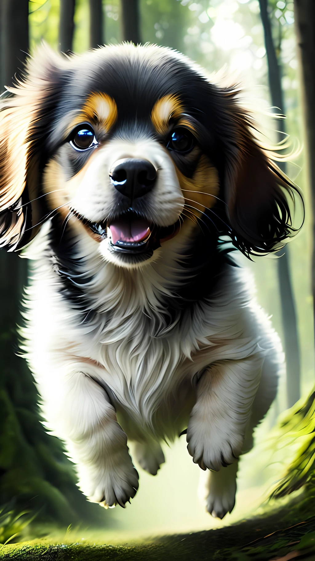 Close-up of a very cute jumping puppy in the forest, soft volumetric light, (backlight: 1.3), (movie: 1.2), intricate details, (ArtStation: 1.3), Rutkowski