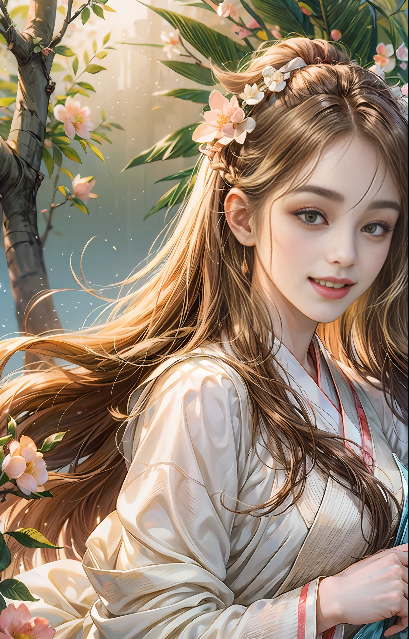 Best quality, 4k picture quality, 1girl, white Hanfu, peach blossom, peach blossom forest, long hair fluttering in the wind, smile healing, close-up, blurred background