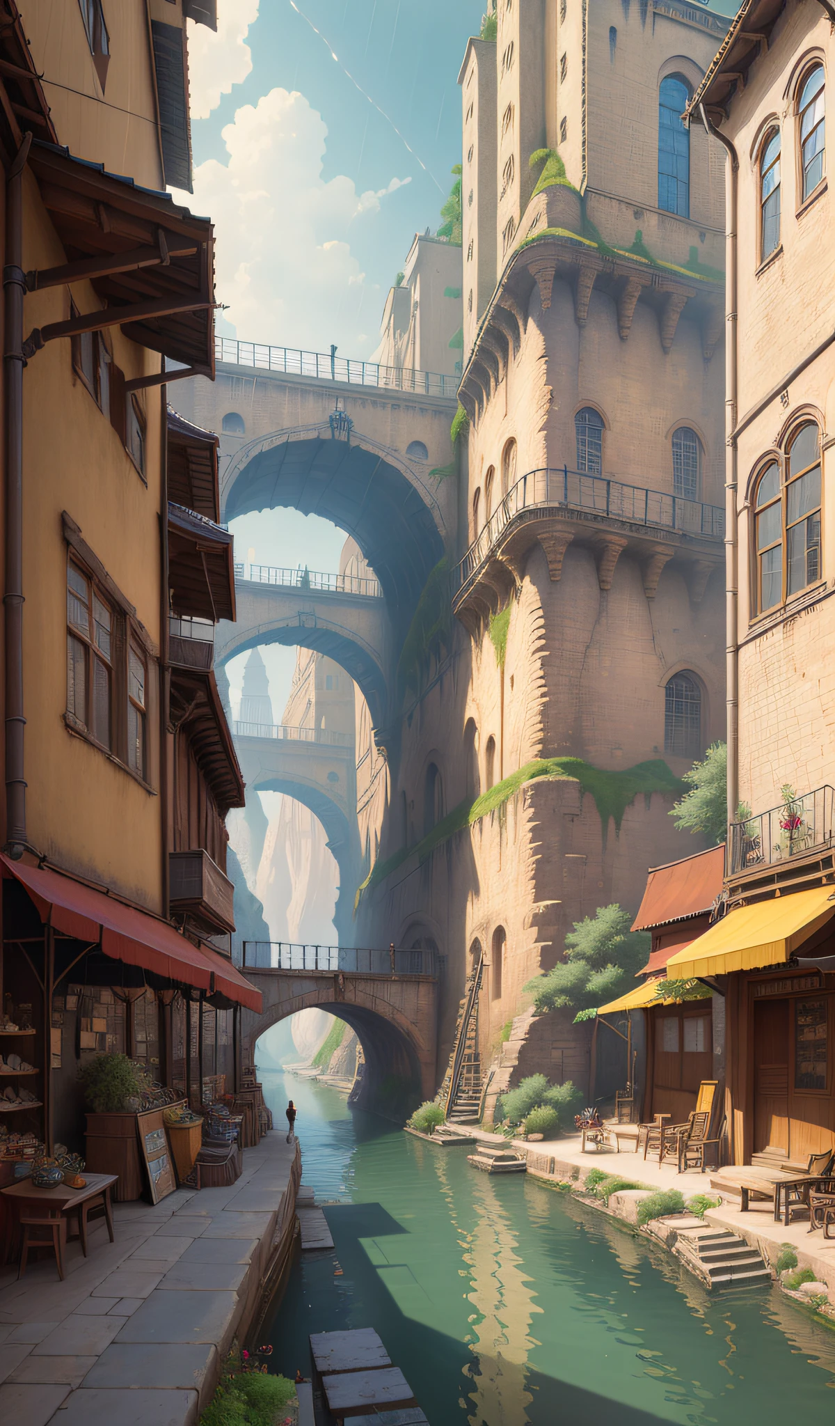 ((masterpiece)),((best quality)),((high detial)),((realistic,)) Industrial age city, deep canyons in the middle, architectural streets, bazaars, Bridges, rainy days, steampunk, European architecture