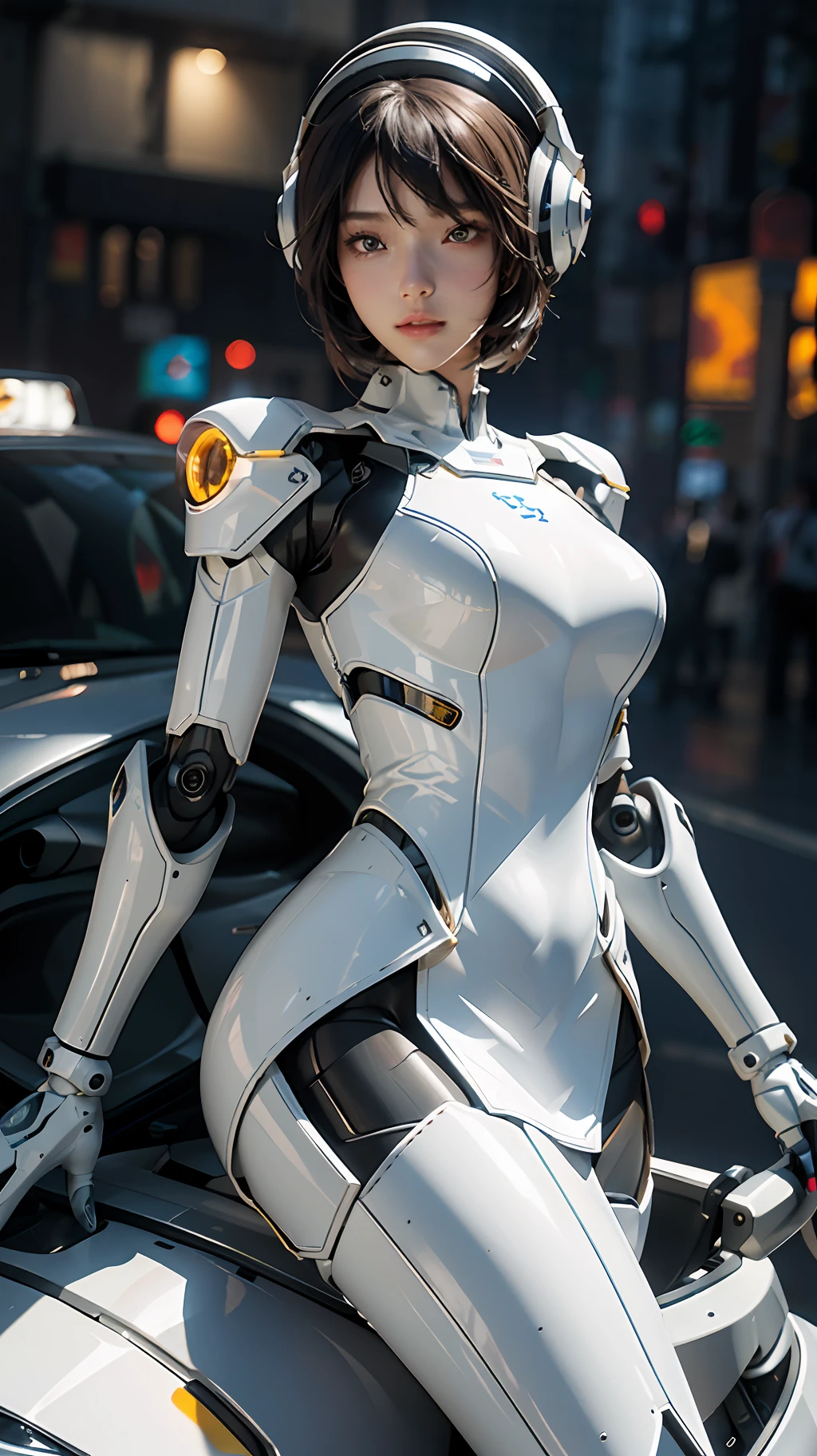 Highest quality, outstanding detail, super high resolution, (fidelity: 1.4), best illustration, favor details, complex 3d rendering very detailed beautiful ceramic silhouette female robot face, robot, robot parts, highly condensed 1girl, with a delicate and beautiful face, dressed in white mecha, wearing a mecha helmet, holding a direction controller, riding on a yellow motorcycle, the background is a high-tech lighting city highway scene of the future city, movie lighting,