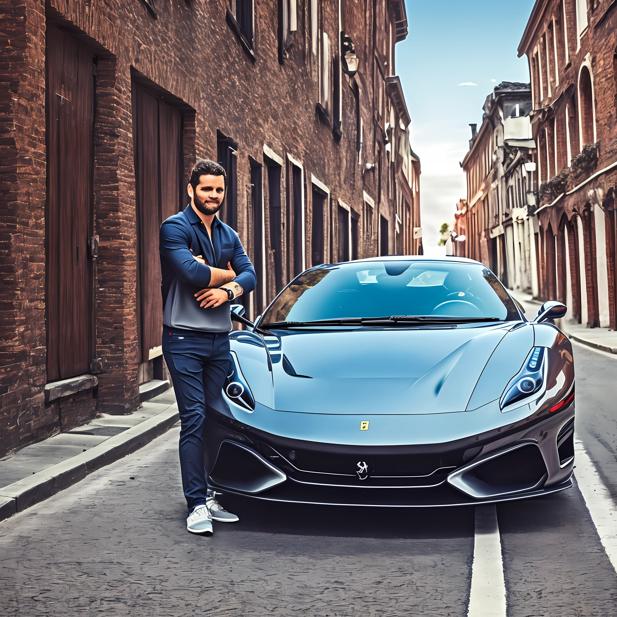 create an image of a guy in front of a ferrari enticing the customer to buy the course in 1080 X 1080 --auto --s2