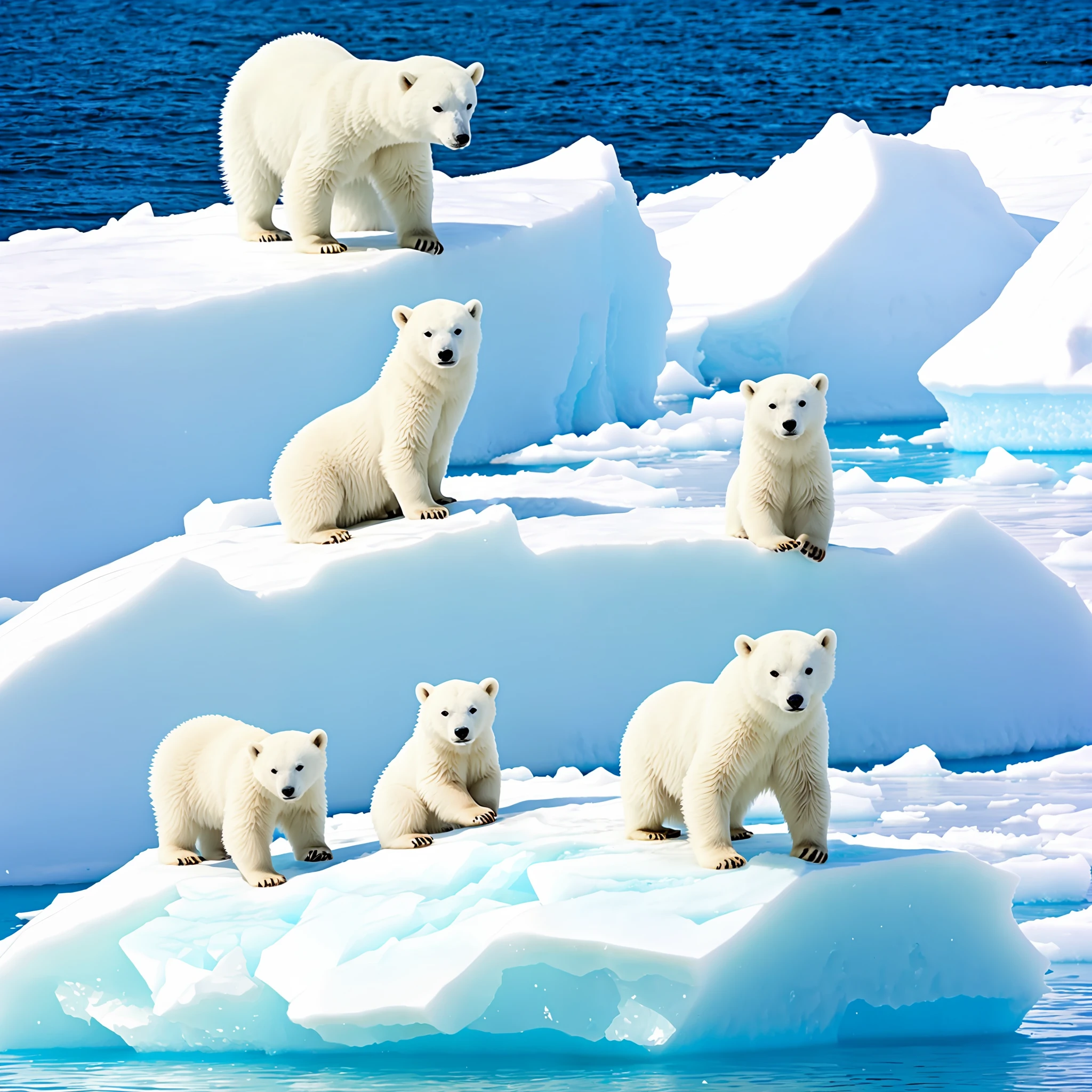 POLAR BEAR CUB very cute playing guitar on top of an iceberg, along with a baby seal