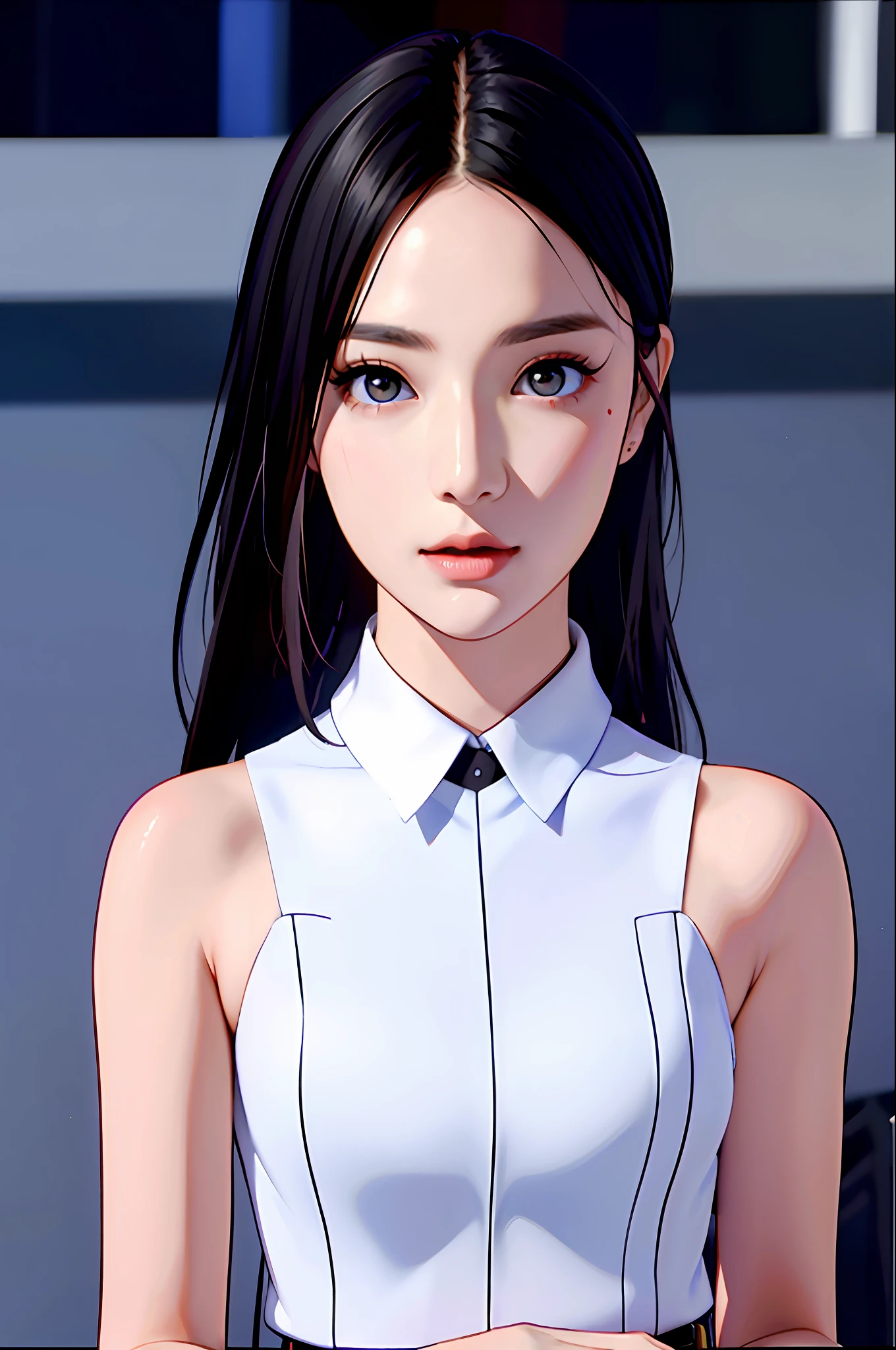masterpiece, best quality, (dark photo:1.3), photorealistic, 1girl, flat bangs, stunning innocent symmetry face, shirt, emotional, ulzzang, (PureErosFace_V1:0.7)