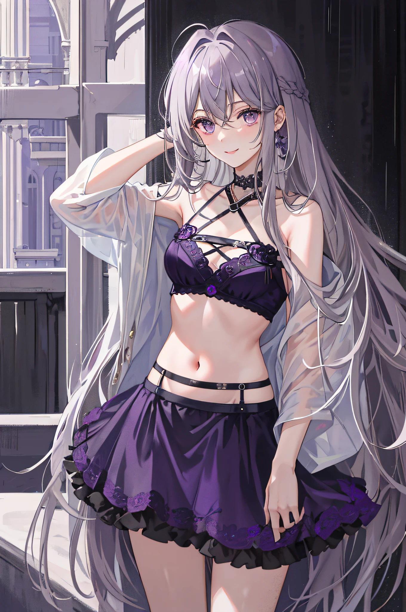 Masterpiece, best quality, 1girl, rain, messy hair, incredibly long hair, smile, shyness, gray hair, purple eyes, delicate jewelry, navel