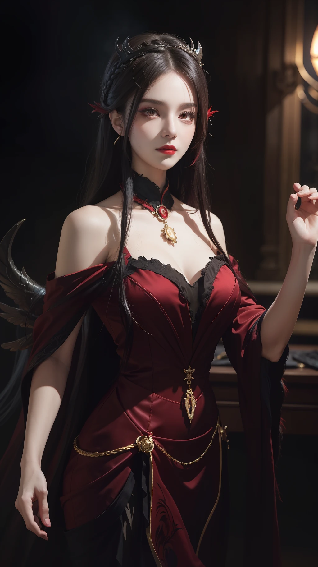1 beautiful devil woman from hell, In the Dark: 1.6), surreal female portrait by David Hockney and Alphonse Mucha, fantasy art, korea doll, photorealism, dynamic lighting, artstation, poster, volumetric lighting, very detailed faces, 8k ultra, all body, Awarded, in the dark, deep shadow, low key, cowboy lens, (Red phoenix dress: 1.4), long hair, black hair, bust, luxurious palace, Royal style, devil crown, red eyes make up very sharp and detailed, The most beautiful face, big and regular breasts, Super realistic, chinese women's clothing, polo neck sweater, Charming smile, The eyes are very well made up, guweiz, devil style, loong, forehead mark, upper body, 2 bangs braided hair, Red lips, Devil tattoo on shoulder, wearing a thin red and black robe, the landscape is overcast and thunderous, Portrait,