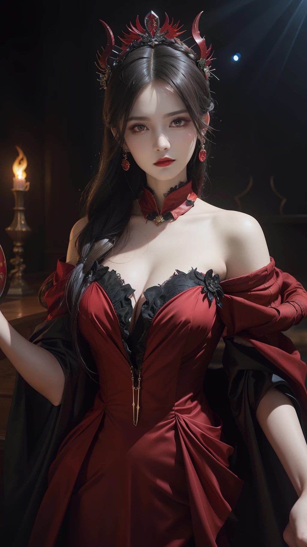 1 beautiful devil woman from hell, In the Dark: 1.6), surreal female portrait by David Hockney and Alphonse Mucha, fantasy art, korea doll, photorealism, dynamic lighting, artstation, poster, volumetric lighting, very detailed faces, 8k ultra, all body, Awarded, in the dark, deep shadow, low key, cowboy lens, (Red phoenix dress: 1.4), long hair, black hair, bust, luxurious palace, Royal style, devil  crown, red eyes make up very sharp and detailed, The most beautiful face, big and regular breasts, Super realistic, chinese women's clothing, polo neck sweater, Charming smile, The eyes are very well made up, guweiz, devil style, loong, forehead mark, upper body, 2 bangs braided hair, Red lips, Devil tattoo on shoulder, wearing a thin red and black robe, the landscape is overcast and thunderous, Portrait,
