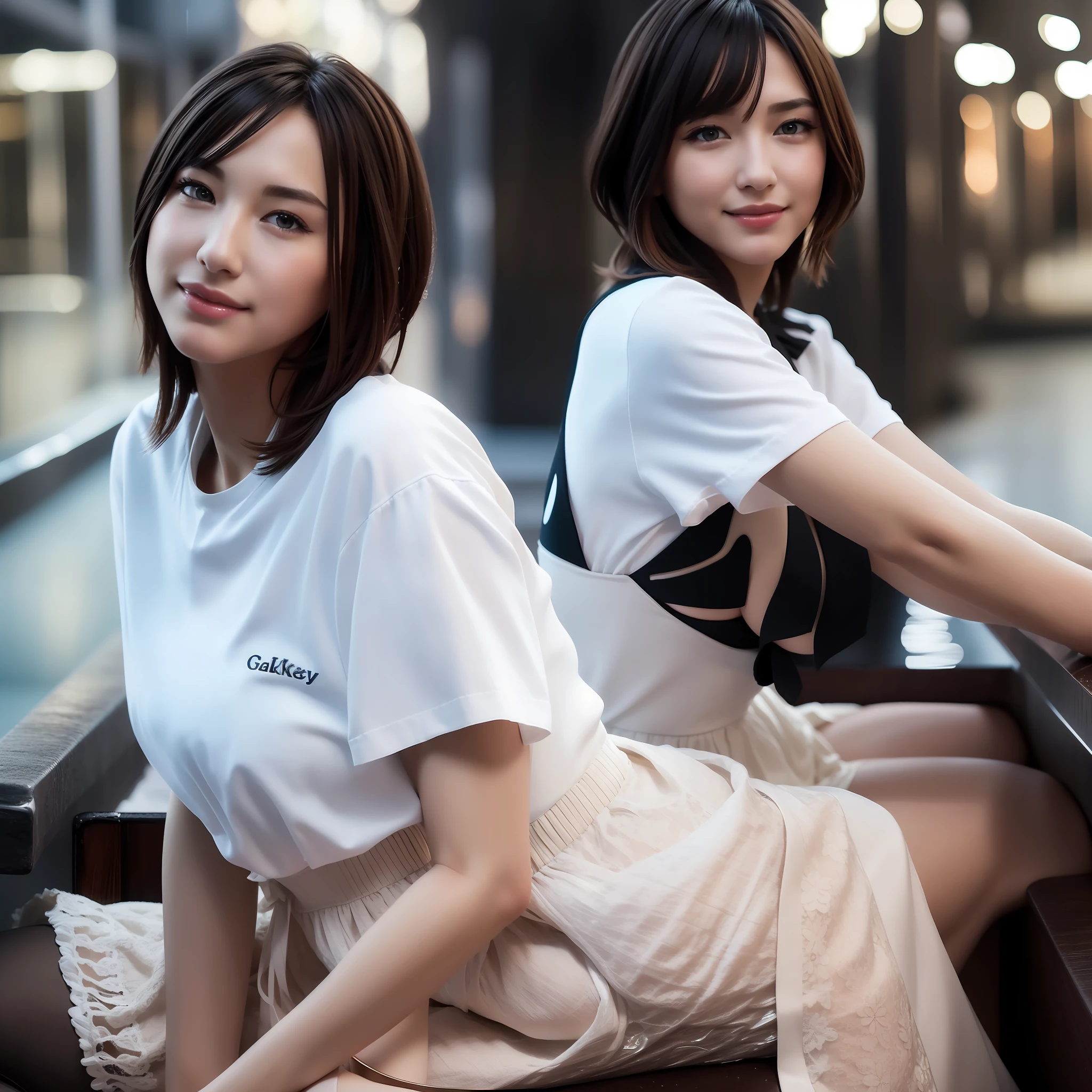 (8k, top quality, masterpiece: 1.2), (realistic, photorealistic: 1.37), ultra detailed, (( ( 1 girl))), solo, gacky, detailed café, night, sitting, date, (blush), (smile: 1.15), (smiling lips) rich bust, beautiful double eyelid eyes, (shirt: 1.1), night, wet, rain, white lace, (short hair: 1.2), Float NovaFrogStyle, (((Full) Body)), Stand, Sexy, Cute