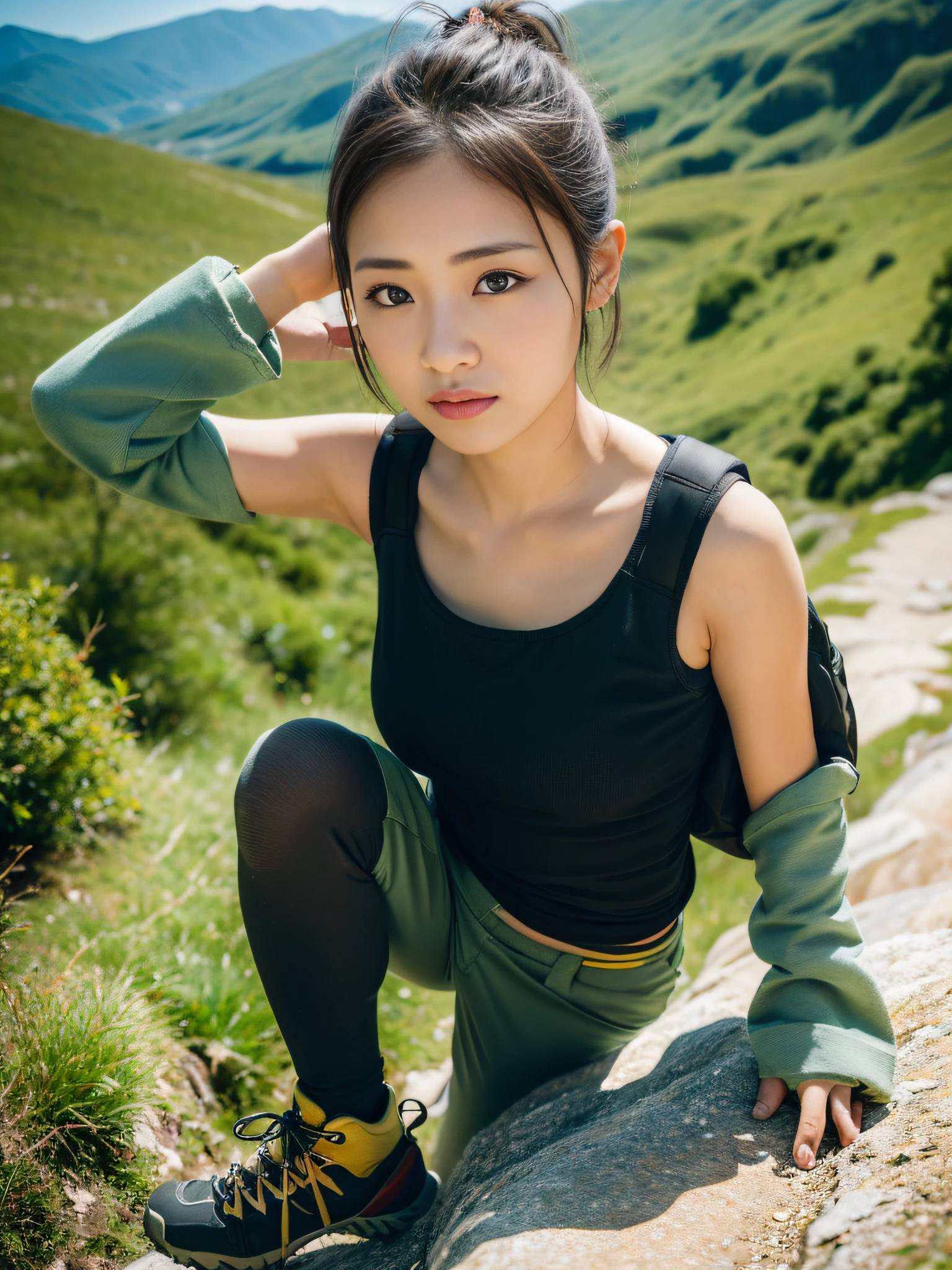 (masterpiece, best quality, 8K wallpaper), 1girl, solo, portrait, detailed eyes, super detailed face, cute face, Japan person, full body, short hair, black eyes, hiking, adventurer, backpack, in the mountains, attractive eyes, detailed lips, detailed hands, detailed feet, detailed nose, detailed face, gentle expression, thin lips, pleased, trekking, hiking, trekking boots , Outdoor, Wearing Outerwear, Ponytail, Closed Mouth, Big, Small Eyes, Tank Top