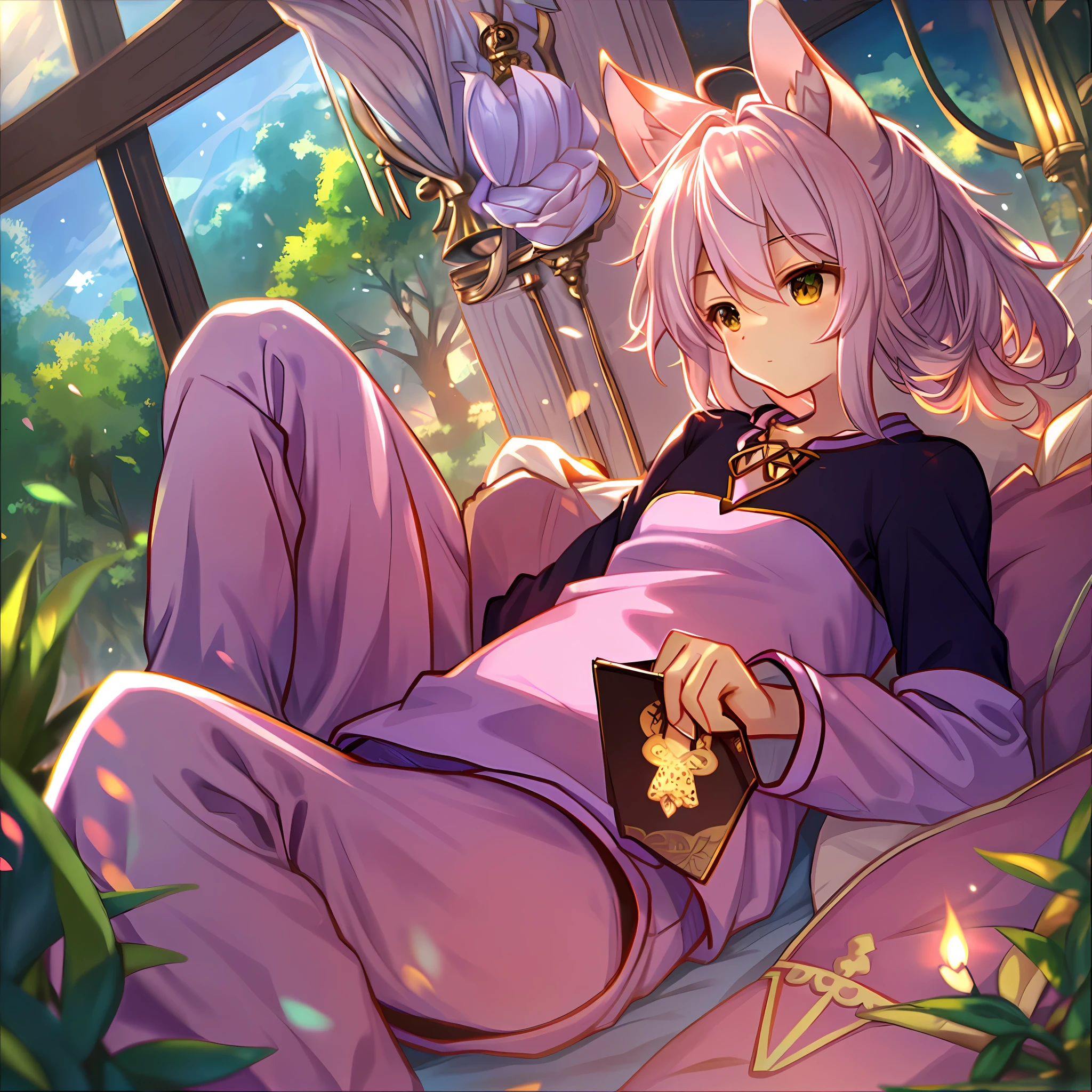 lush lighting, cozy ambiance, adorable and vivid squirrel ears, athletic and toned body, soft and comfortable pajamas, peaceful and serene expression, feminine allure.