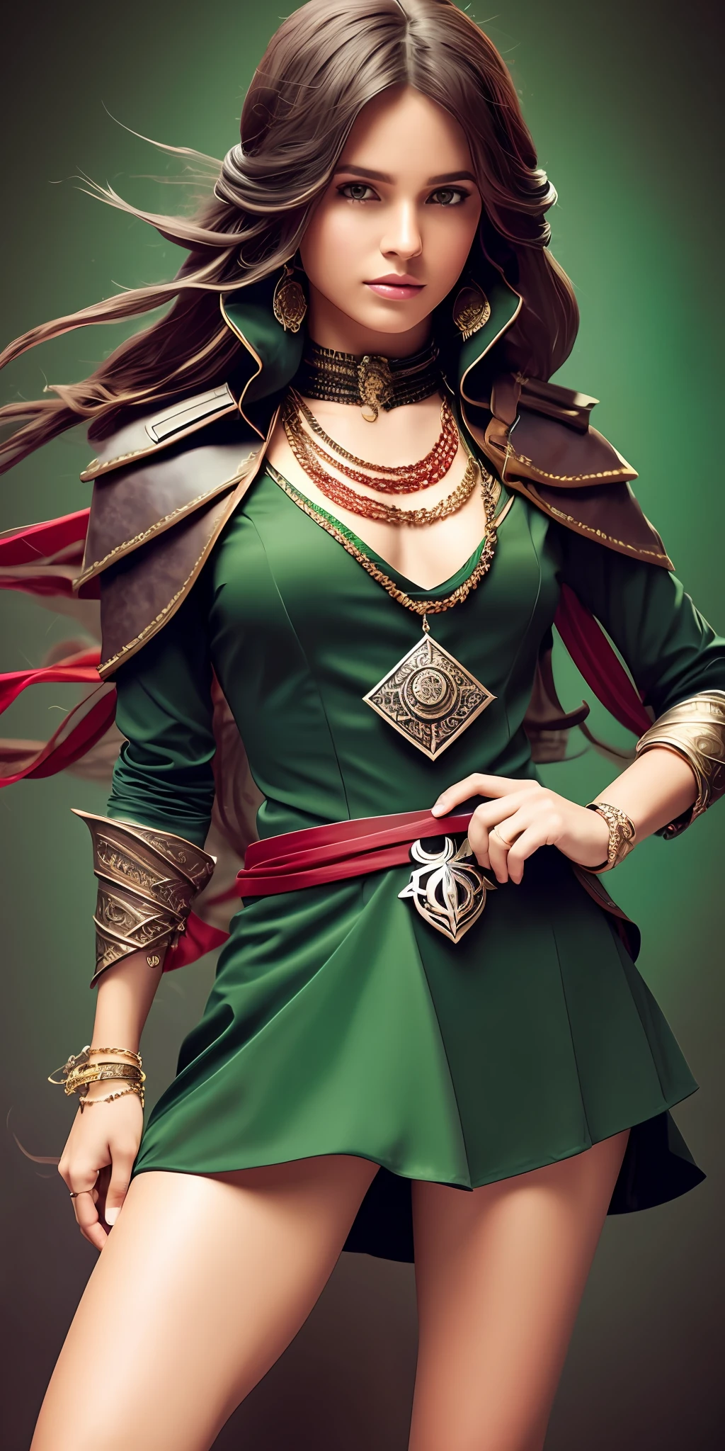 dark mediterran green shirt, biker red scarf on head, red skin, wavy hair, chain necklace, equiped belt, long red skirt, black pants underneath, assassin's creed, bracelet on the wrist, medieval costume, long boots, artgerm cover, level a beautiful fit petite, hyperdetailed face, complex, symmetrical face, sharp focus, perfect, model, textured, looking into the camera, chiaroscuro, professional make-up, pastel colors --auto --s2