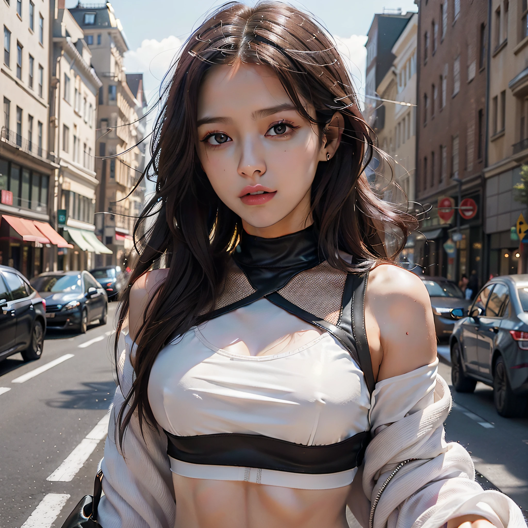 ((Realistic lighting, Best Quality, 8K, Masterpiece: 1.3)), Clear focus: 1.2, 1girl, Perfect Body Beauty: 1.4, Slim Abs: 1.1, ((Dark brown hair)), (White crop top: 1.4), (Outdoor, Night: 1.1), City Street, Super Fine Face, Fine Eyes, Double Eyelids