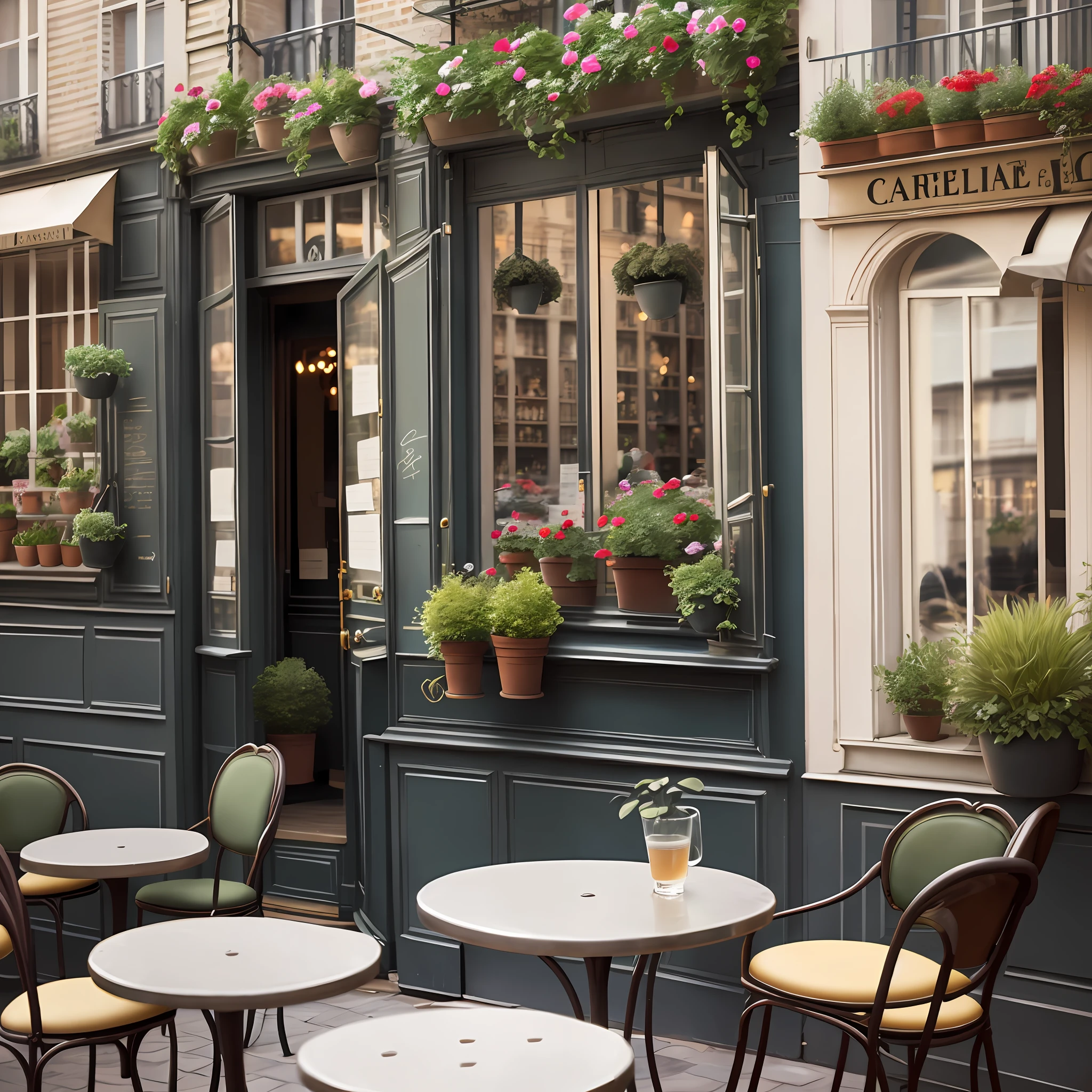 Parisian café, tables, chairs, potted plants
