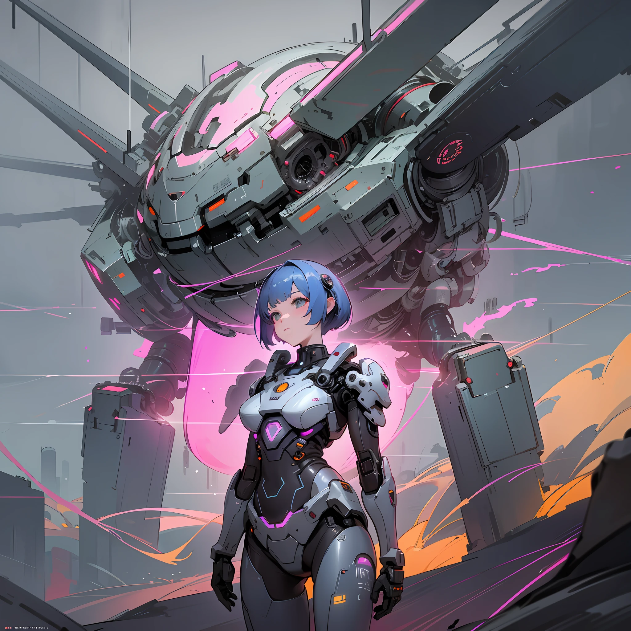 "(atmospheric view) Masterpiece, high resolution, biopunk theme, demon girl main character with cybernetic armor, brilliant circuit details, dystopian aesthetics, dazzling colors, natural landscape, robotic creatures, surrealism, futuristic weapon on her back."