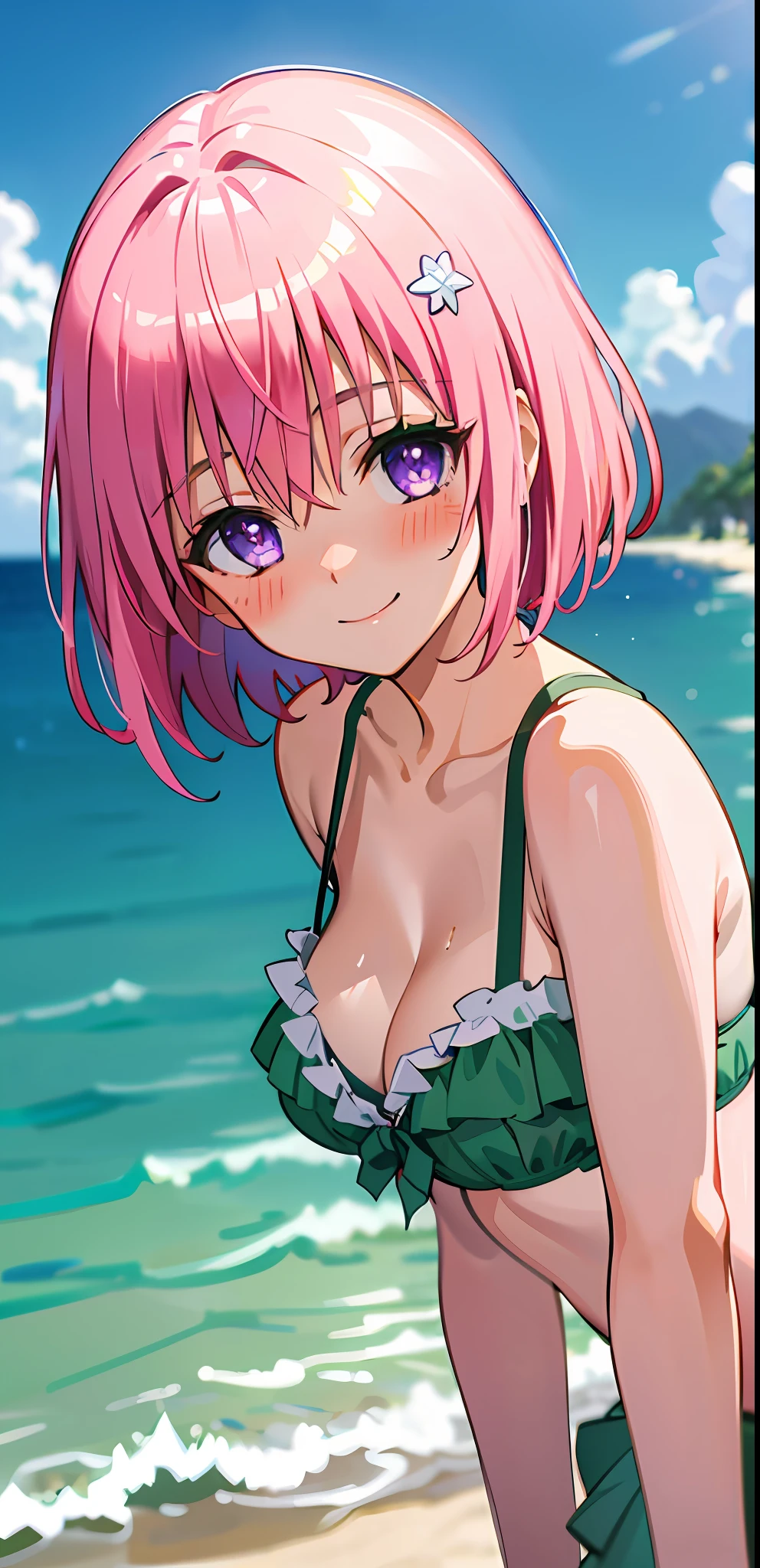 (best quality:1.1), (masterpiece:1.4), (absurdres:1.0),  close up,
1girl, momo velia deviluke, hair ornament, bob cut, short hair pink hair, purple eyes, medium breasts, looking at viewer, (blush:1.2), smile, , green bikini, ocean