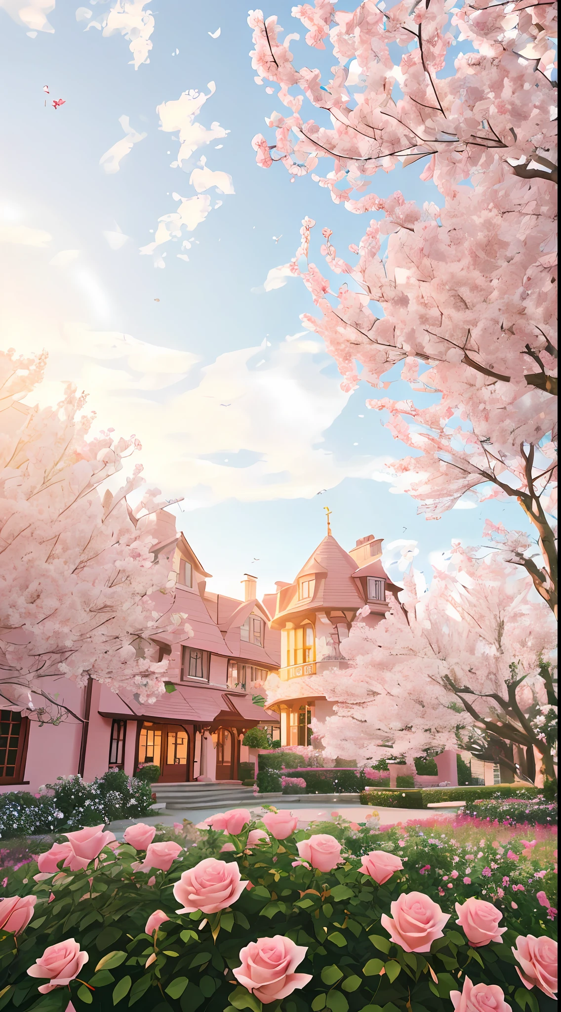 Professional photography, realistic, a clump of pink roses outside the house, beautiful and aesthetic, soft pink, beautiful beauty, roses in movie lights, lush flowers outdoors, nature and floral aesthetics, rose garden, roses, portal made of roses, beautiful images, roses, fantastic aesthetics, in a cottage core garden, pink golden hour, (masterpiece: 1.6, best quality), (fine detailed beautiful eyes: 1.2), (extremely detailed CG unity 8k wallpaper, masterpiece, super detailed, best shadows), (detailed background), high contrast, (best lighting, extremely refined and beautiful), ((color paint splash on transparent background, Dulux,)), ((caustic)), dynamic angles, beautiful details glowing, amazing, high detail, very detailed, beautiful, building shots, surrealism, Unreal Engine 5