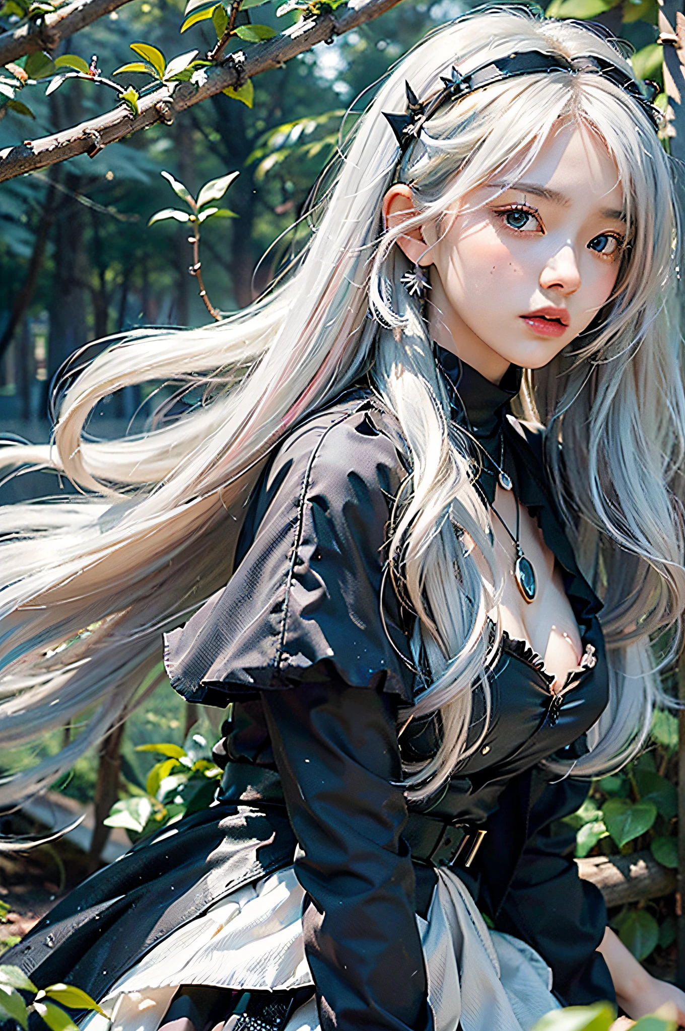 (masterpiece, best quality:1.2), 1girl, solo, (kawaii, cute young teenager:1.4), digital art, magic circle, long hair, ahoge, platinum blonde hair, (colored inner hair:1.2), finely detailed eyes, grimace, lonely expression, sweat, frilly dress, black color scheme, high heels, white gloves, heart-shaped necklace, hair ornament, (holding sword:1.2), huge fallen angel wings, (huge black wings:1.2), trees, moss, moonlight filtering through leaves, fallen leaves, bushes, rocks, river, bridge, night clouds, starry sky, windy, leaves rustling,