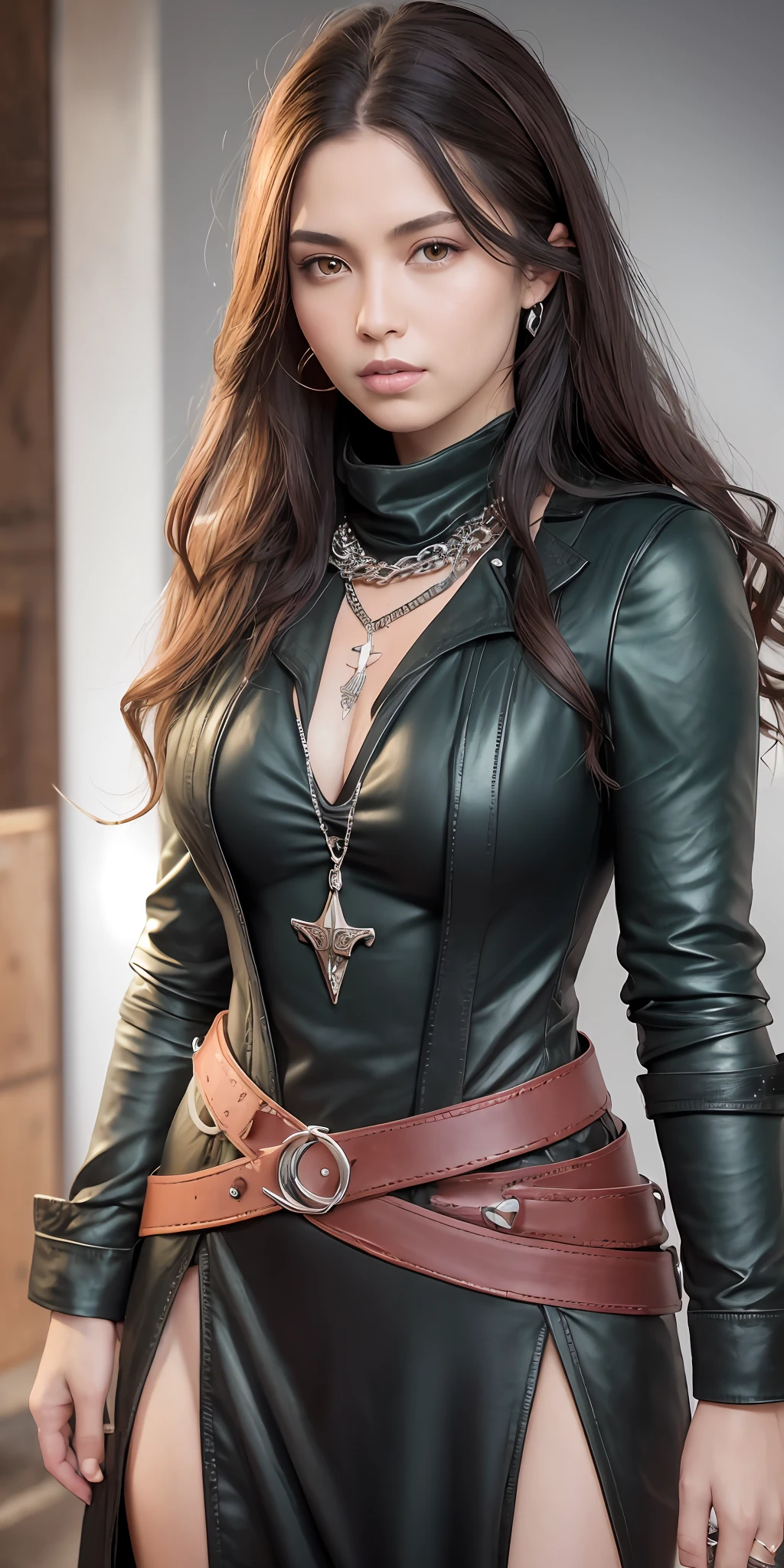 dark mediterran green shirt, biker red scarf on head, red skin, wavy hair, chain necklace, equiped belt, long red skirt, black pants underneath, assassin's creed, bracelet on the wrist, medieval costume, long boots, artgerm cover, level a beautiful fit petite, hyperdetailed face, complex, symmetrical face, sharp focus, perfect, model, textured, looking into the camera, chiaroscuro, professional make-up, pastel colors --auto --s2