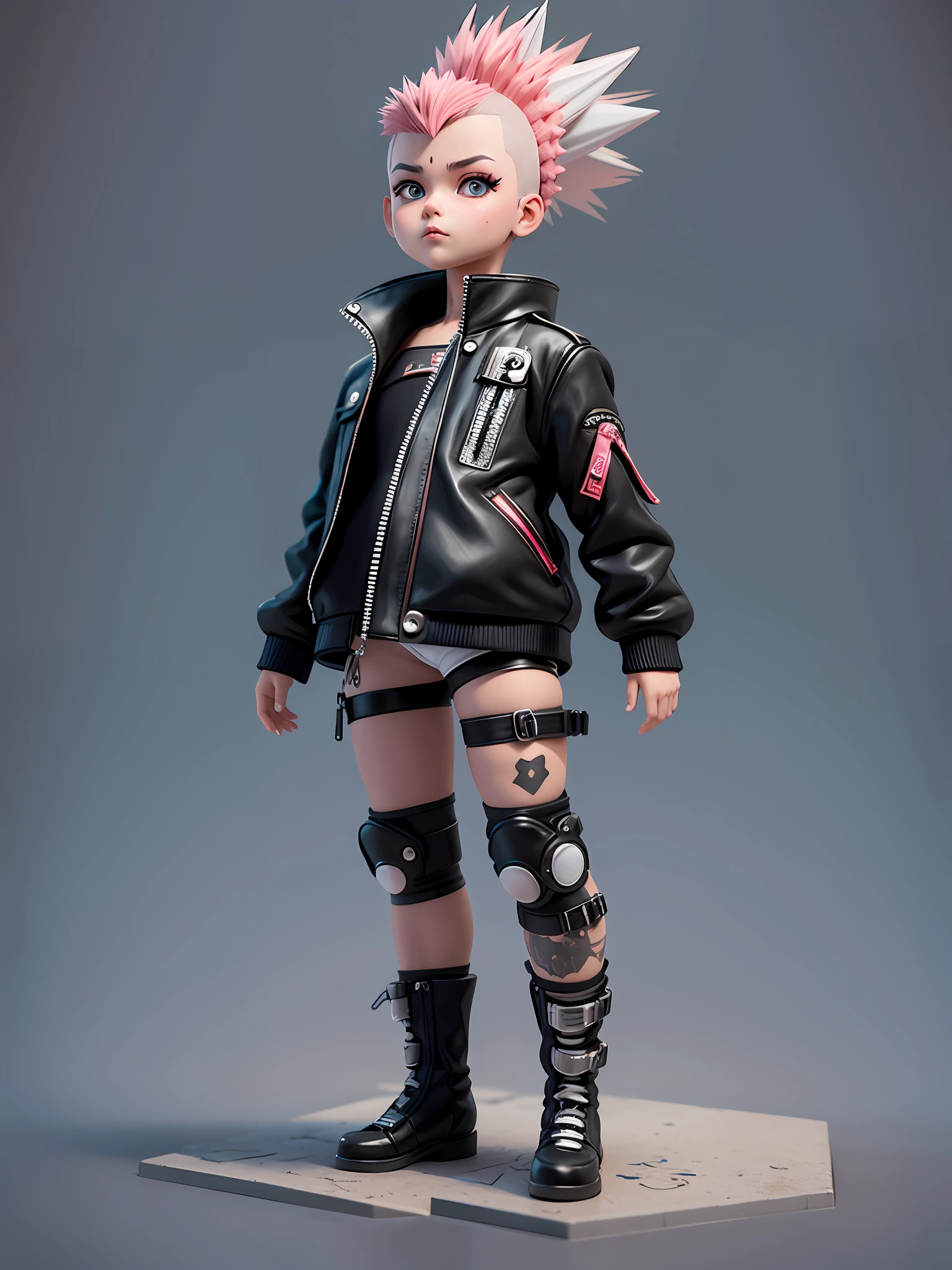 There is a doll with mohawk hair style cyberpunk cute 3d rendering, small biker looking up, portrait anime biker boy, cute 3d anime boy rendering, cute detailed digital art, male explorer mini cute boy, stylized 3d rendering, 3d rendered 8k character art, cute digital painting, 3d anime style, super detailed rendering