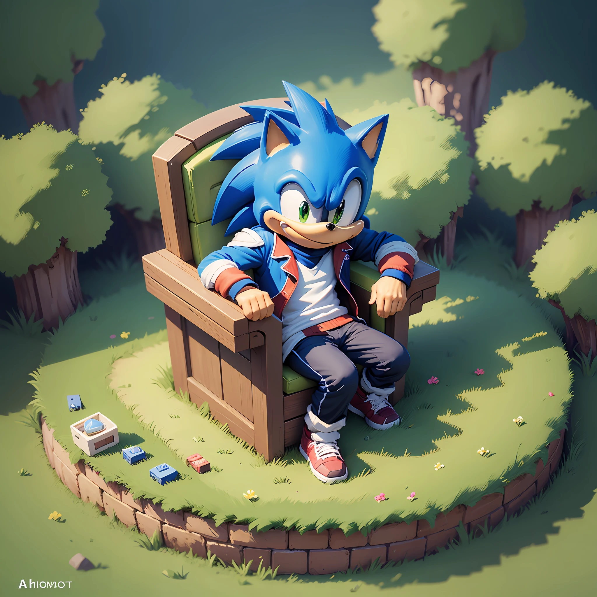 `a man sitting in a chair on field with sonic in pixel art style` --auto --s2