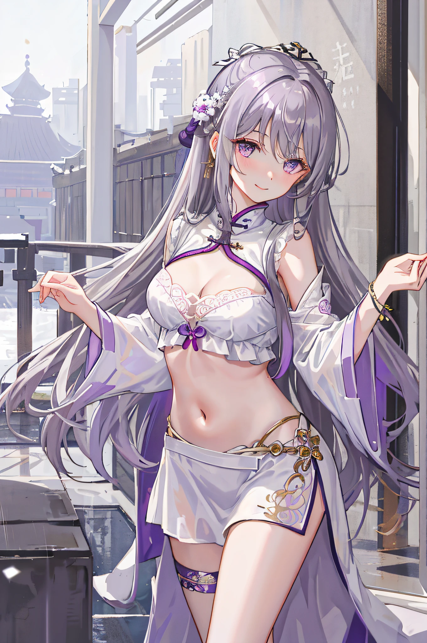 Masterpiece, best quality, 1girl, rain, messy hair, incredibly long hair, smile, shyness, gray hair, purple eyes, delicate jewelry, navel, white shorts, hanfu, chinoiserie, white slip dress