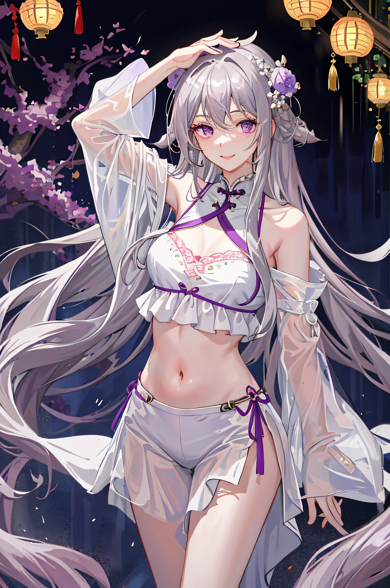 Masterpiece, best quality, 1girl, rain, messy hair, incredibly long hair, smile, shyness, gray hair, purple eyes, delicate jewelry, navel, white shorts, hanfu, chinoiserie, white slip dress
