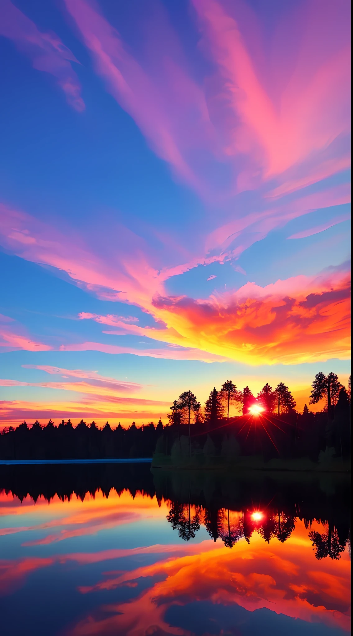there is a beautiful sunset with a lake and trees in the background, colorful skies, surreal colors, colorful sunset, colorful sky, marvellous reflection of the sky, stunning sky, dream like atmosphere 8k, colorful clouds, colors reflecting on lake, surreal sky, red and blue reflections, fire reflection, beautiful sky, beautiful and spectacular dusk, beautiful dreamy landscape, amazing sky
