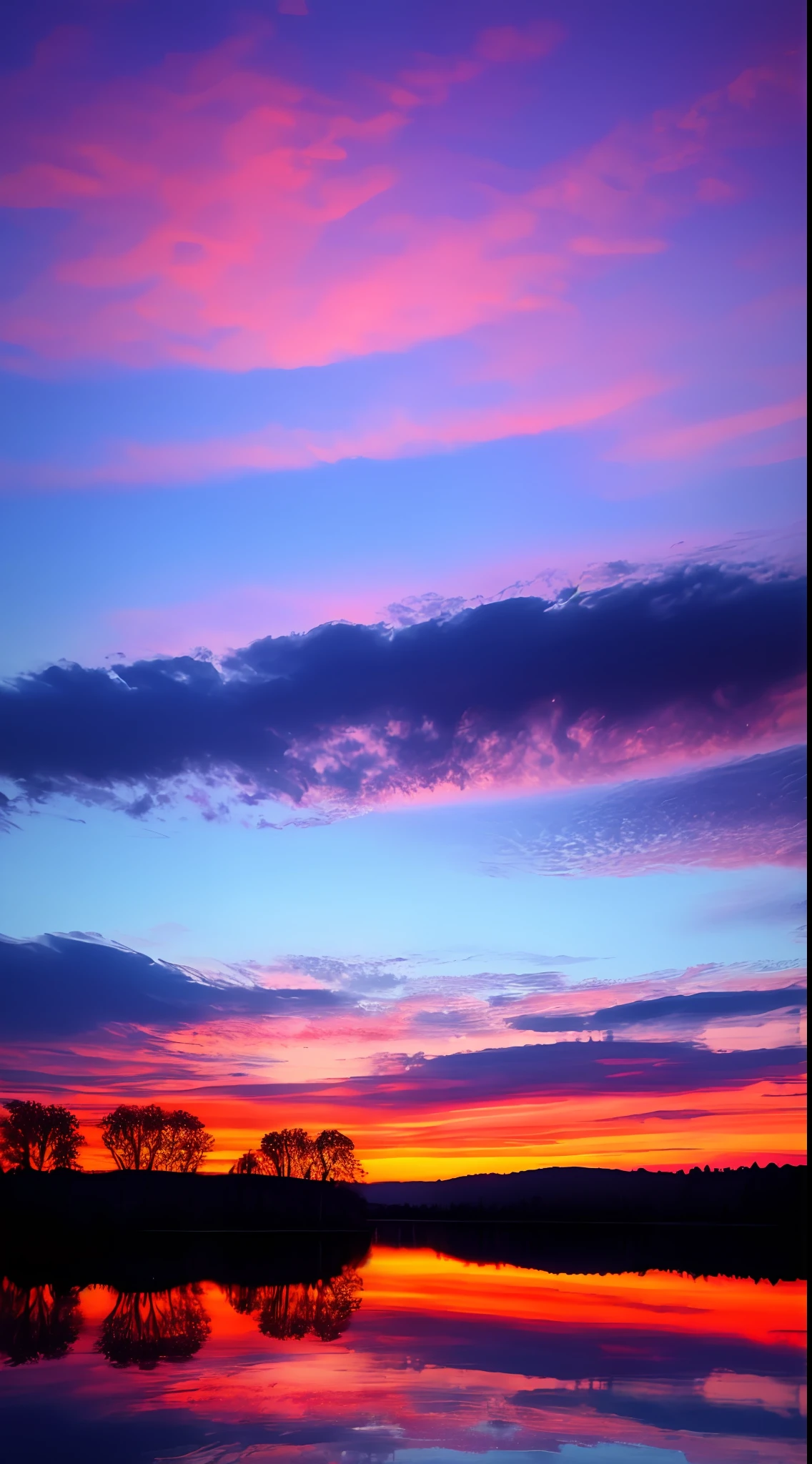 there is a beautiful sunset with a lake and trees in the background, colorful skies, surreal colors, colorful sunset, colorful sky, marvellous reflection of the sky, stunning sky, dream like atmosphere 8k, colorful clouds, colors reflecting on lake, surreal sky, red and blue reflections, fire reflection, beautiful sky, beautiful and spectacular dusk, beautiful dreamy landscape, amazing sky