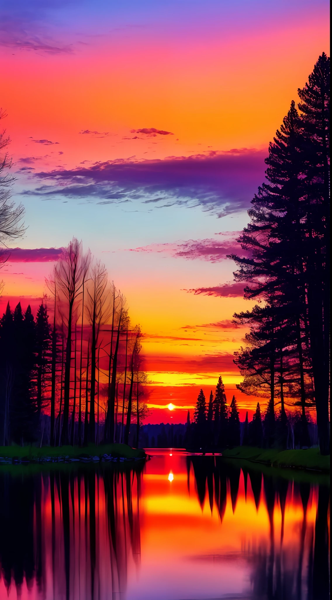 there is a beautiful sunset with a lake and trees in the background, colorful skies, surreal colors, colorful sunset, colorful sky, marvellous reflection of the sky, stunning sky, dream like atmosphere 8k, colorful clouds, colors reflecting on lake, surreal sky, red and blue reflections, fire reflection, beautiful sky, beautiful and spectacular dusk, beautiful dreamy landscape, amazing sky