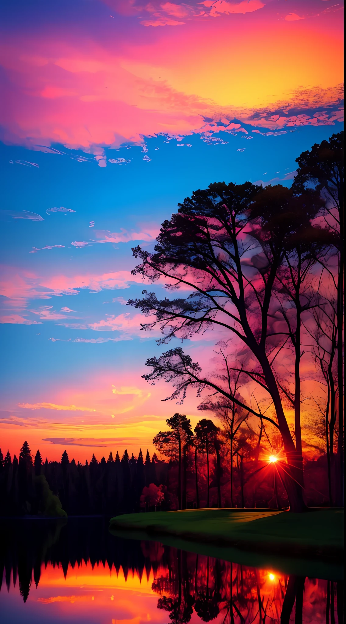 there is a beautiful sunset with a lake and trees in the background, colorful skies, surreal colors, colorful sunset, colorful sky, marvellous reflection of the sky, stunning sky, dream like atmosphere 8k, colorful clouds, colors reflecting on lake, surreal sky, red and blue reflections, fire reflection, beautiful sky, beautiful and spectacular dusk, beautiful dreamy landscape, amazing sky